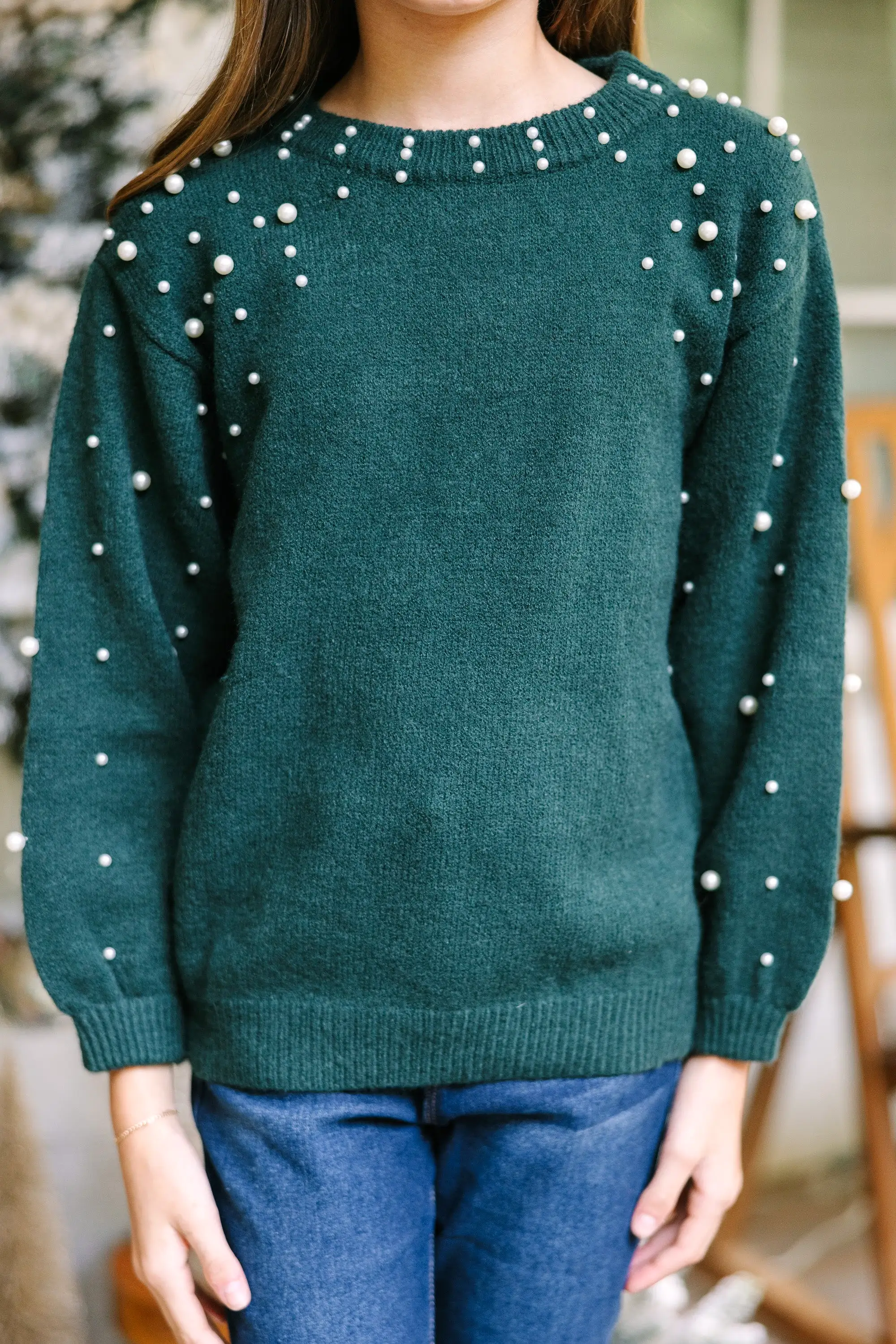 Girls: Can't Help But Love Emerald Green Pearl Studded Sweater