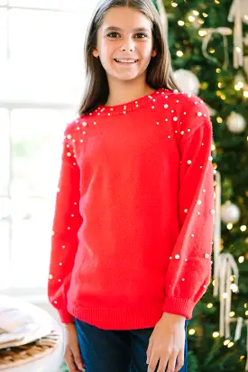 Girls: Can't Help But Love Red Pearl Studded Sweater