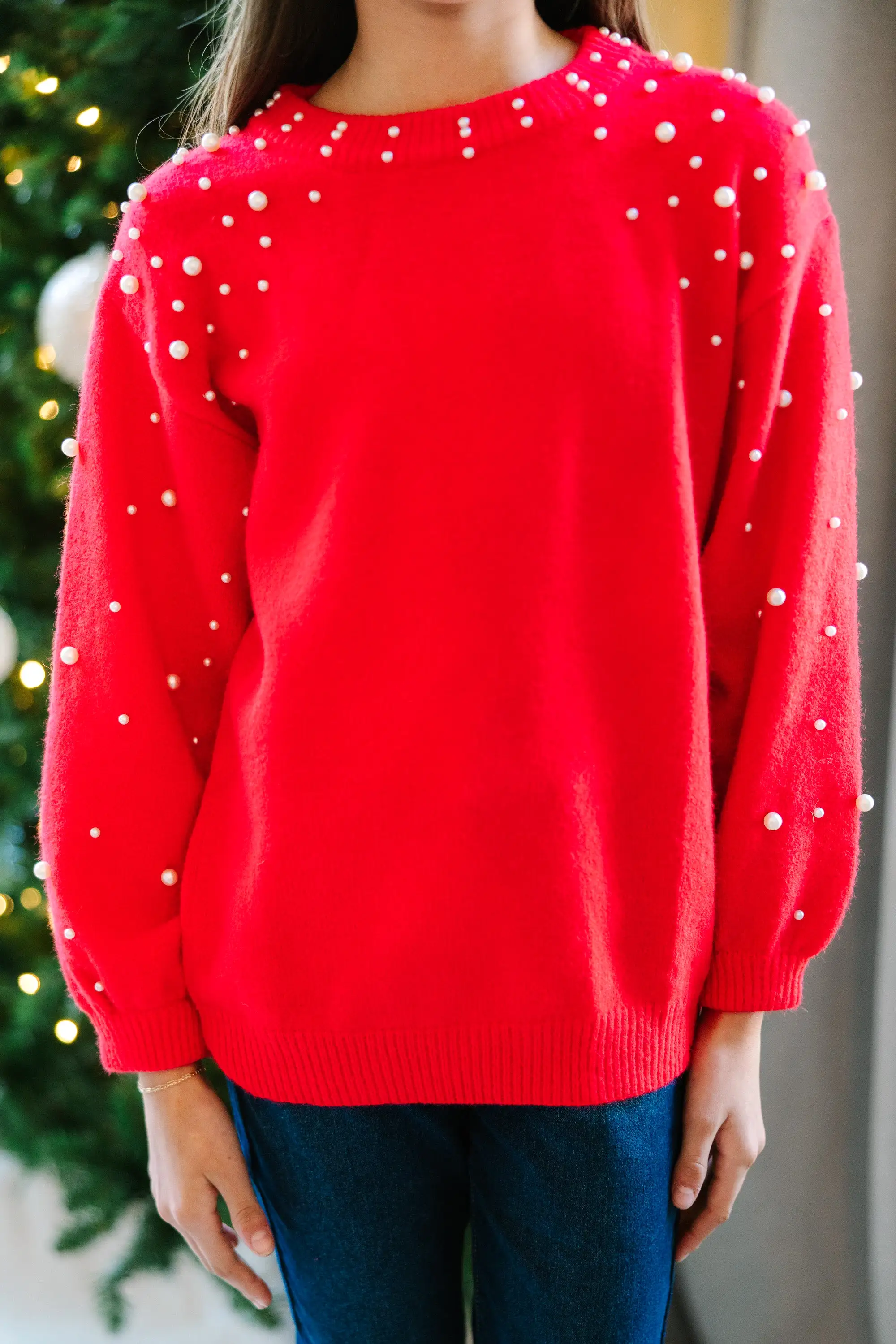 Girls: Can't Help But Love Red Pearl Studded Sweater