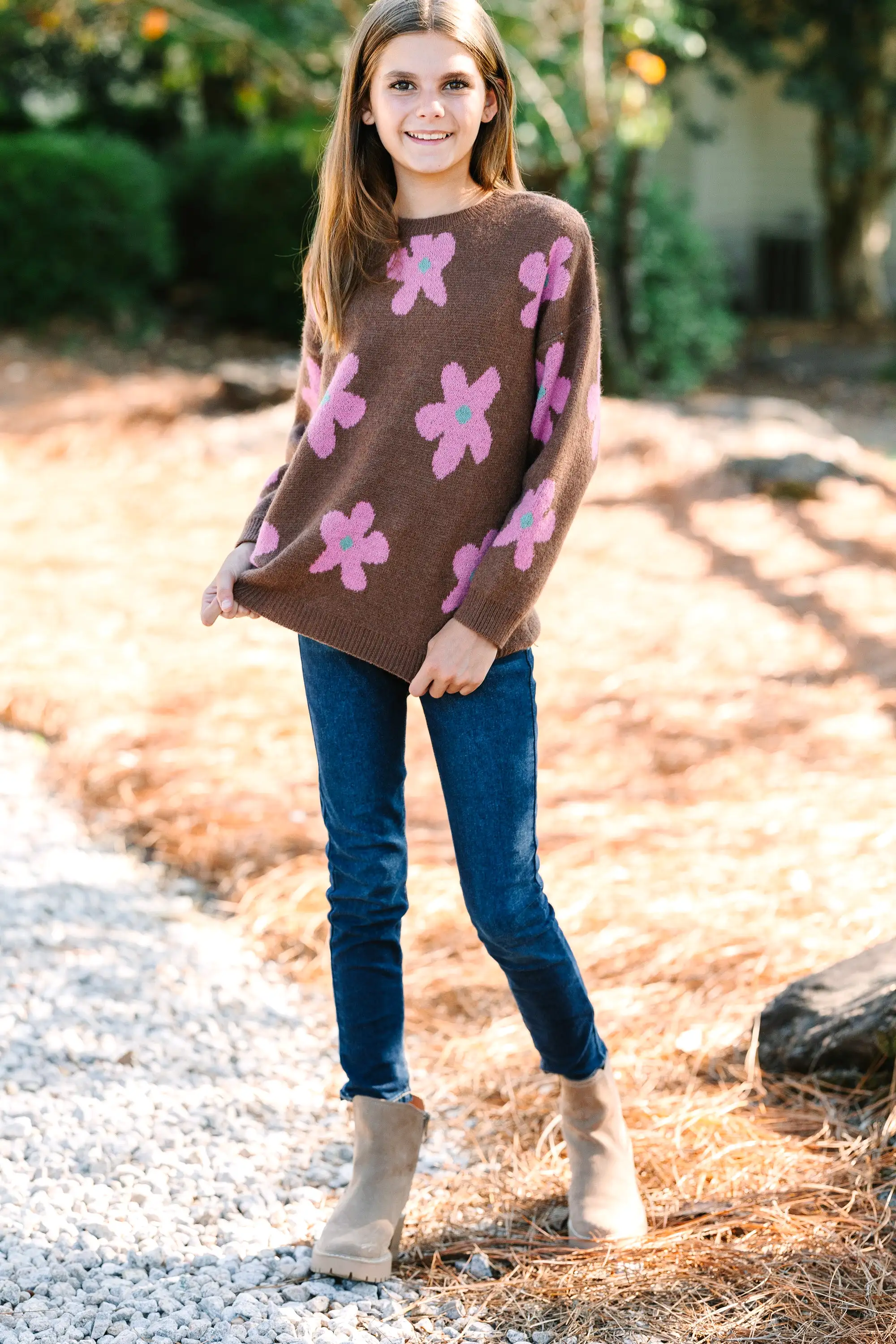 Girls: Feeling Fun Brown Floral Sweater