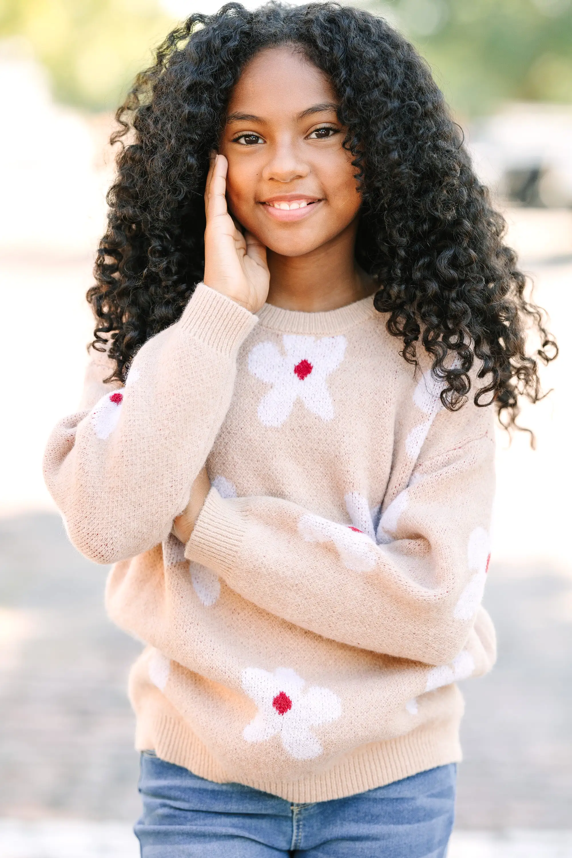 Girls: Feeling Fun Sand Brown Floral Sweater