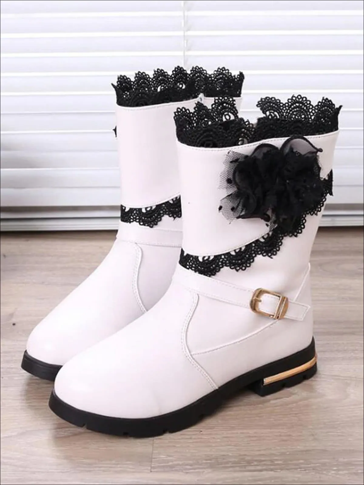 Girls Lace Trimmed Flower Applique Mid-Calf Boots By Liv and Mia