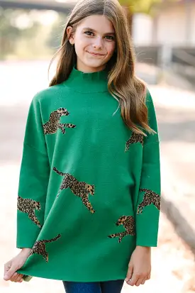 Girls: Quick Decisions Kelly Green Cheetah 3/4 Sleeve Sweater