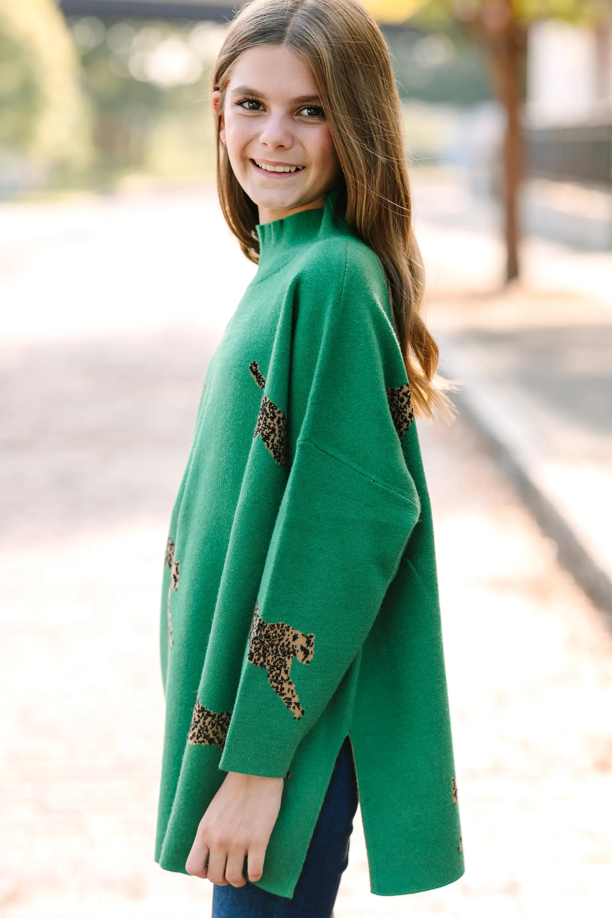 Girls: Quick Decisions Kelly Green Cheetah 3/4 Sleeve Sweater