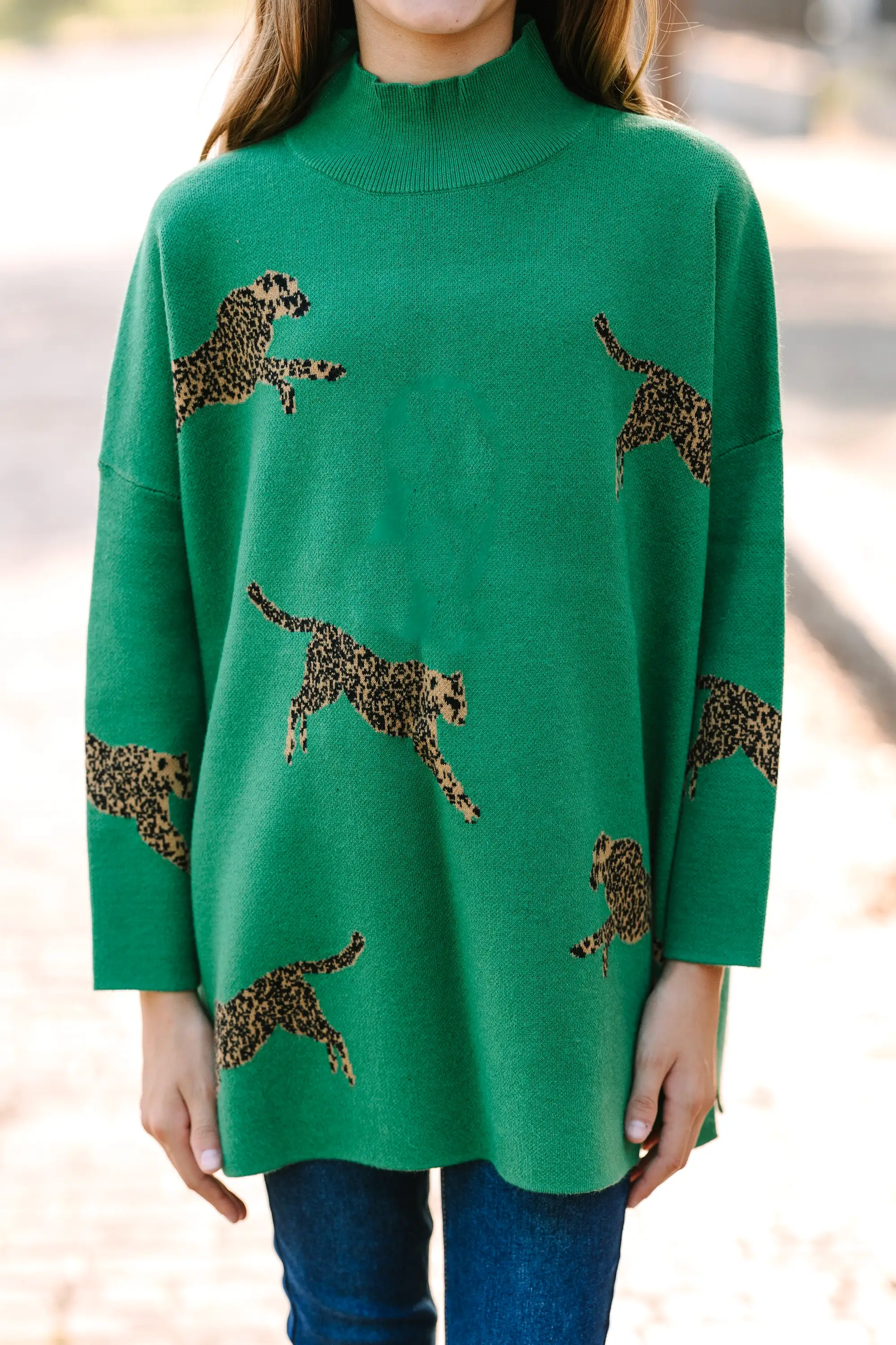 Girls: Quick Decisions Kelly Green Cheetah 3/4 Sleeve Sweater