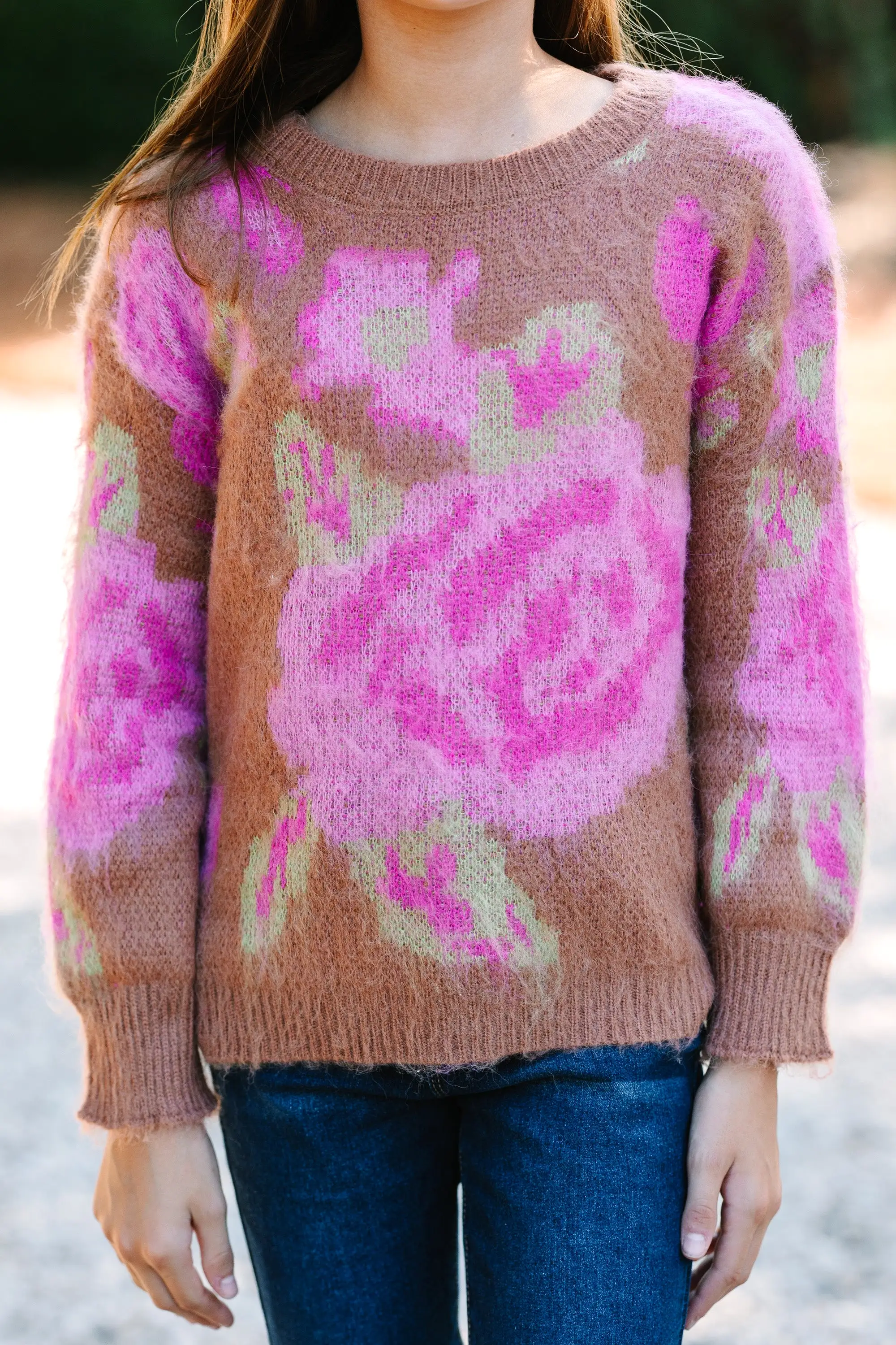 Girls: Talk That Talk Camel Brown Floral Sweater