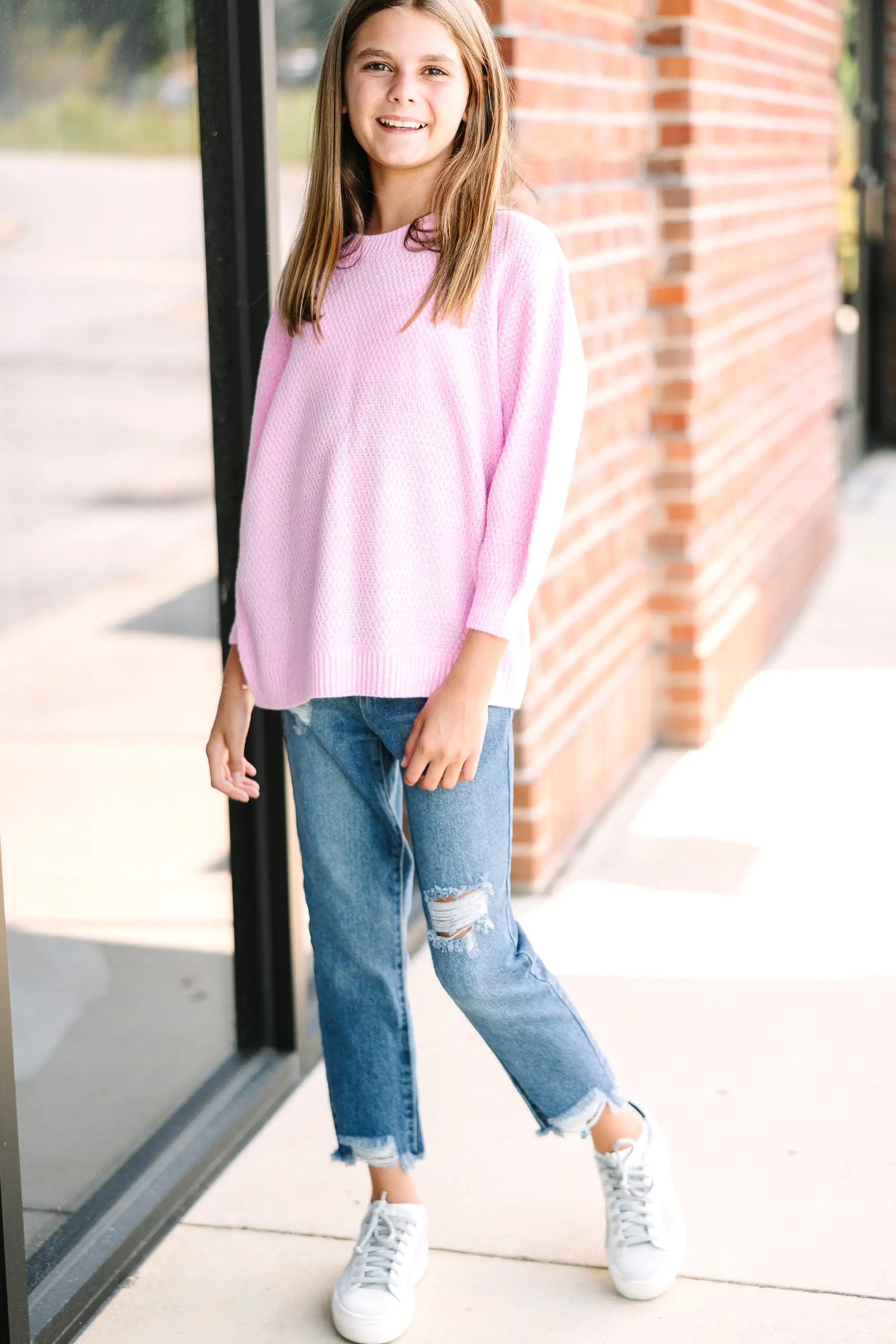 Girls: The Slouchy Candy Pink Bubble 3/4 Sleeve Sweater