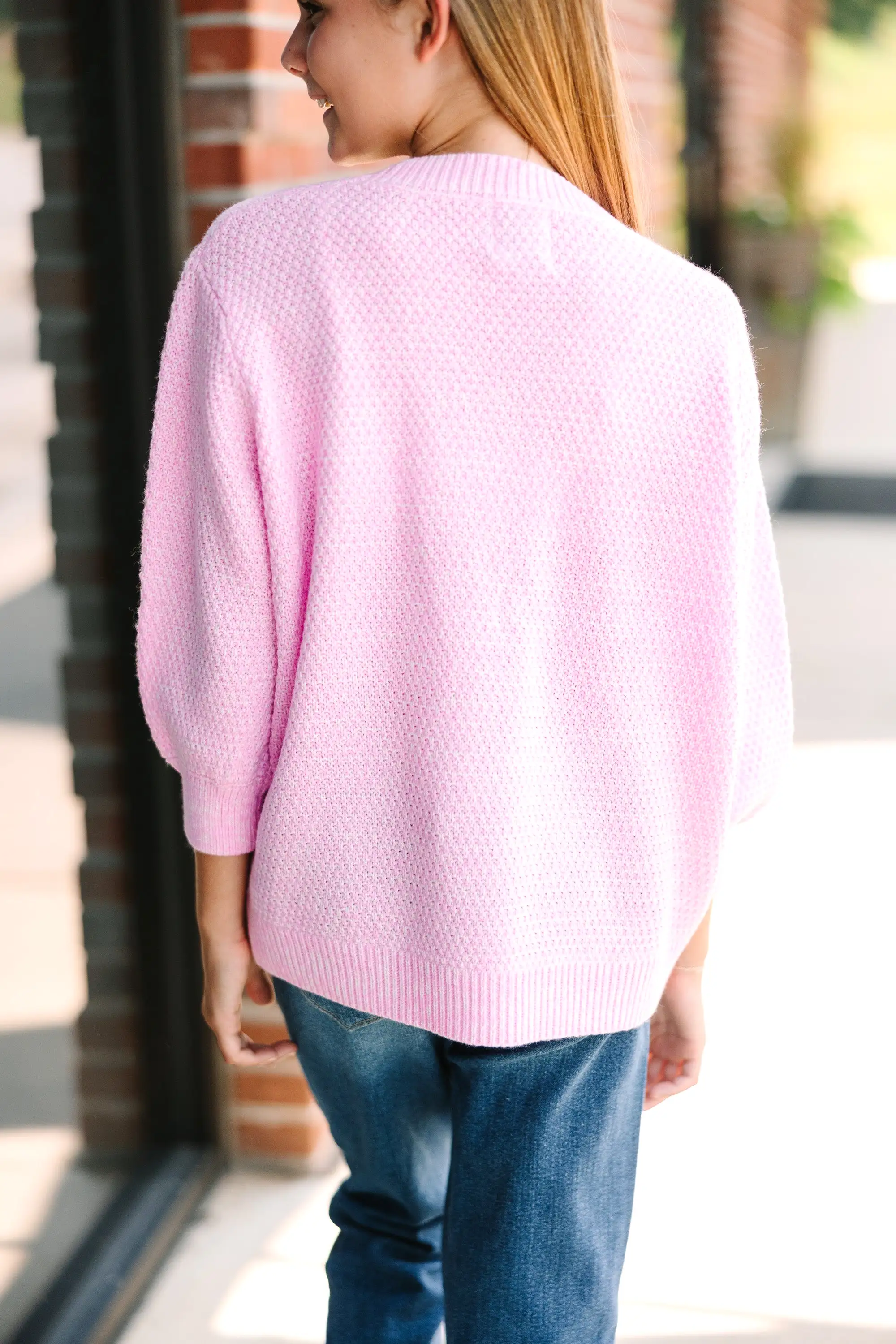 Girls: The Slouchy Candy Pink Bubble 3/4 Sleeve Sweater