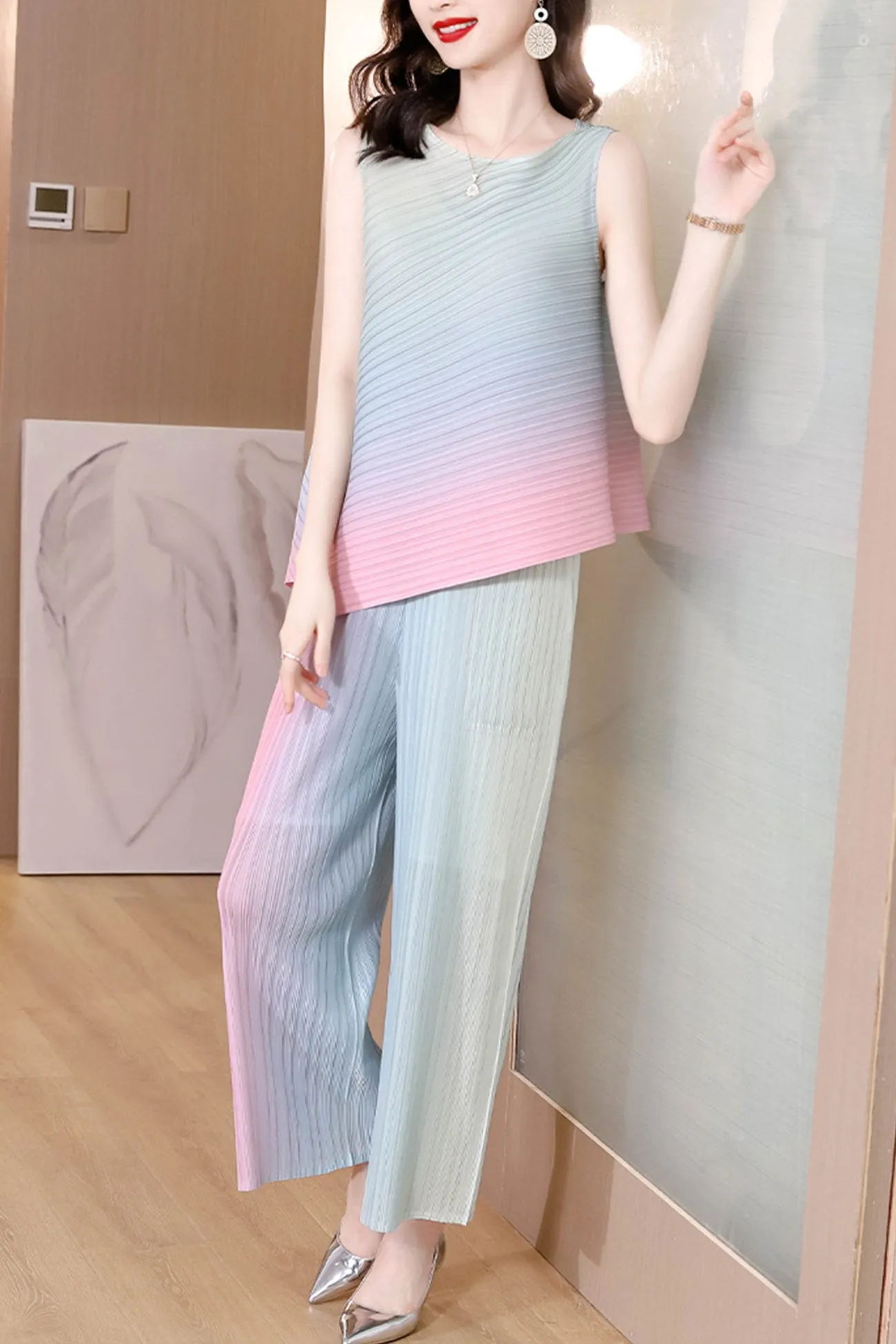 Gradient Full Pleated Irregular Top & Wide Leg Pants