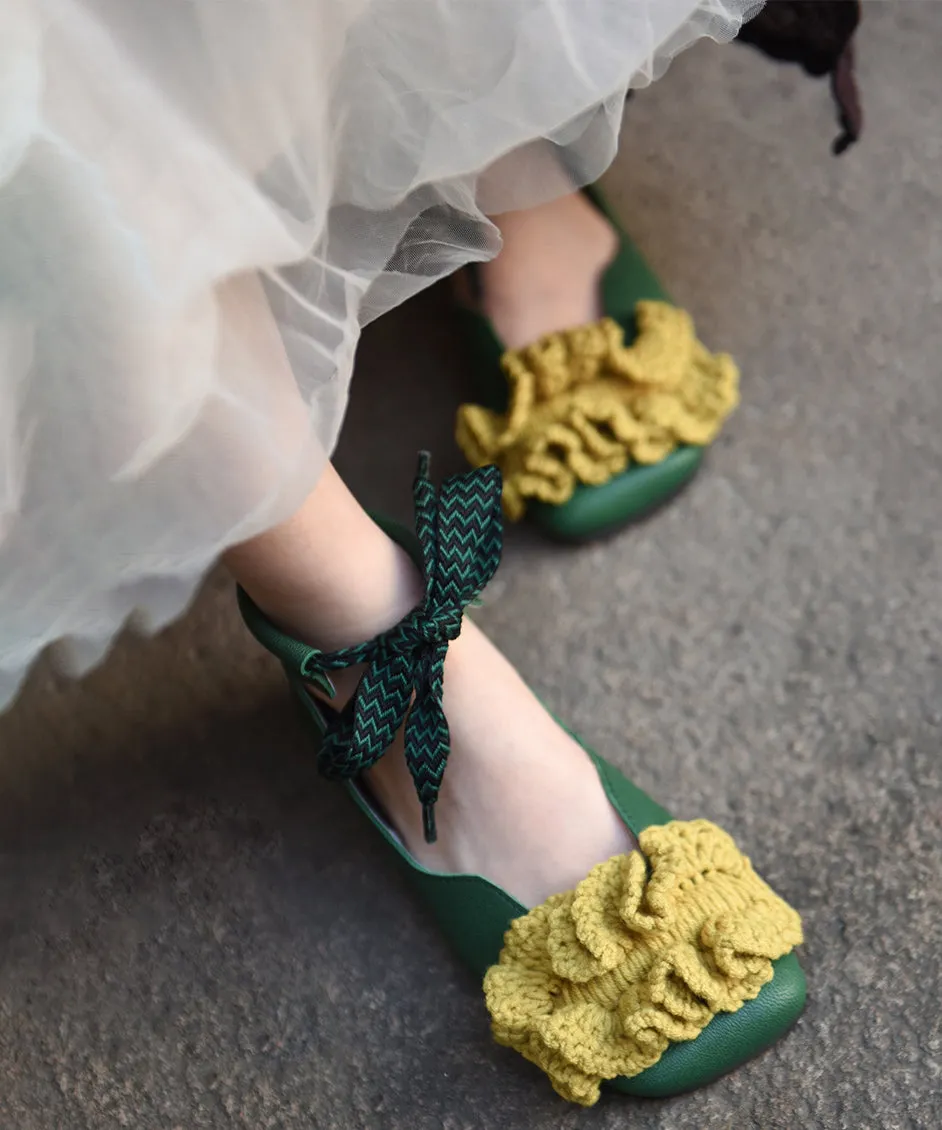 Green Knit Splicing Genuine Leather Cross Strap Flats Shoes