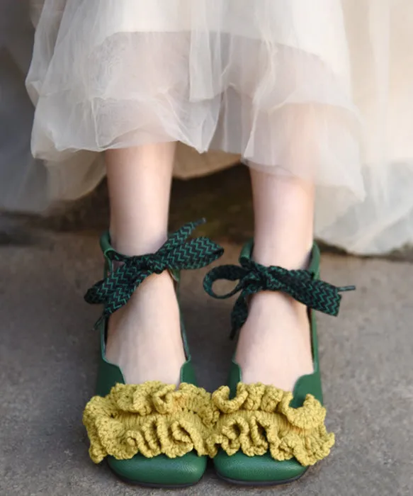 Green Knit Splicing Genuine Leather Cross Strap Flats Shoes