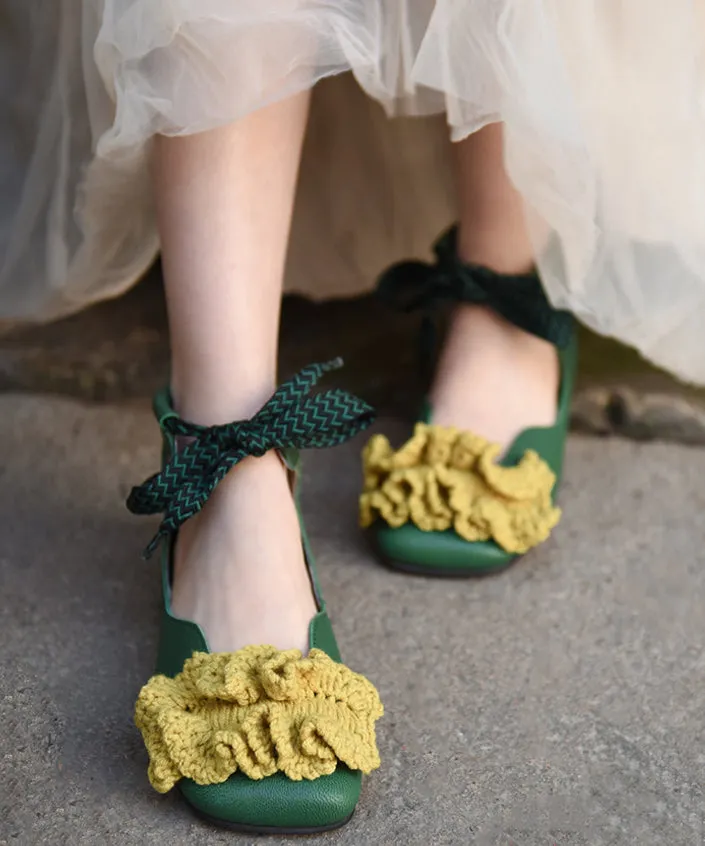 Green Knit Splicing Genuine Leather Cross Strap Flats Shoes