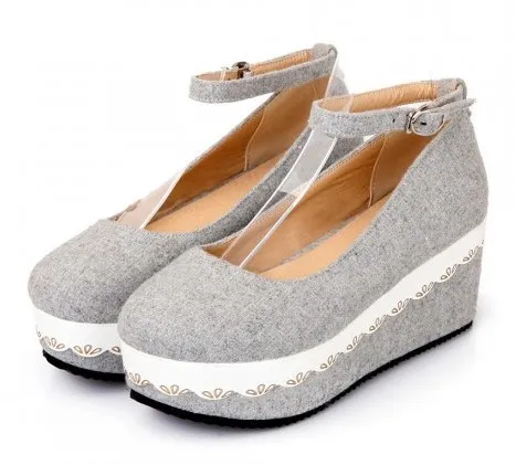 Grey Platforms Wedges Mary Jane Lolita Flats Shoes