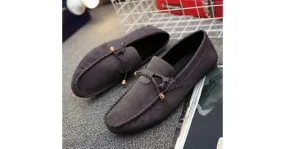 Grey Suede Bow Mens Casual Loafers Flats Shoes