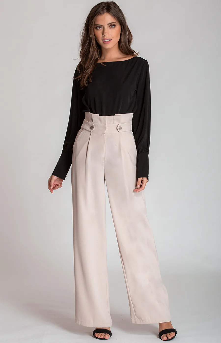 High Waist Wide Leg Pants with Button Details (SPA336A) 