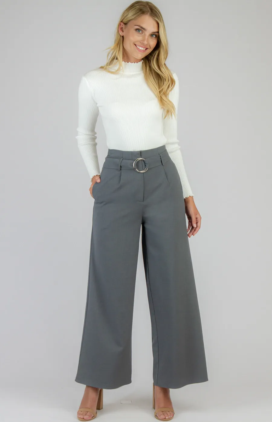 High Waisted Wide Leg Pants with Belt Details (APA810A)