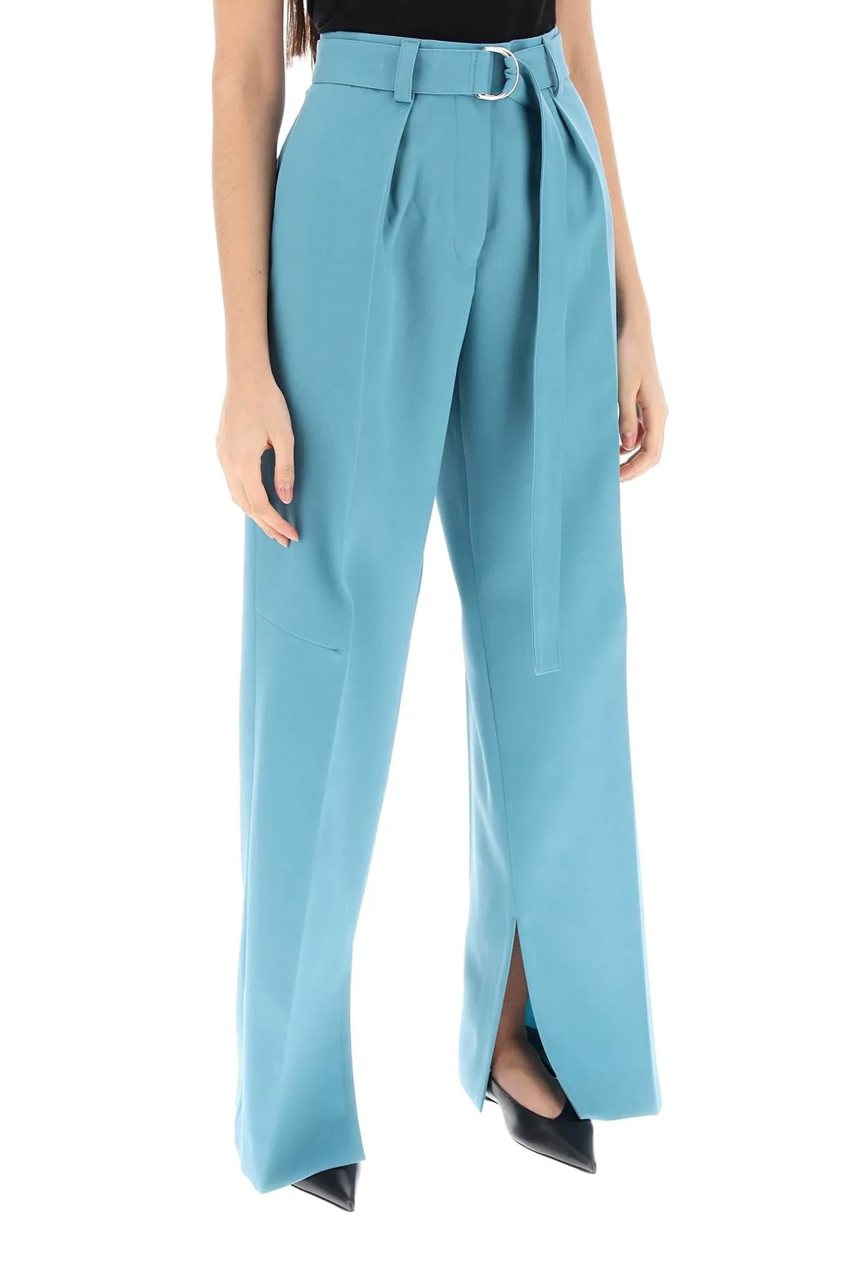 JIL SANDER Light Blue Wide Leg Pants for Women in Light Wool Gabardine