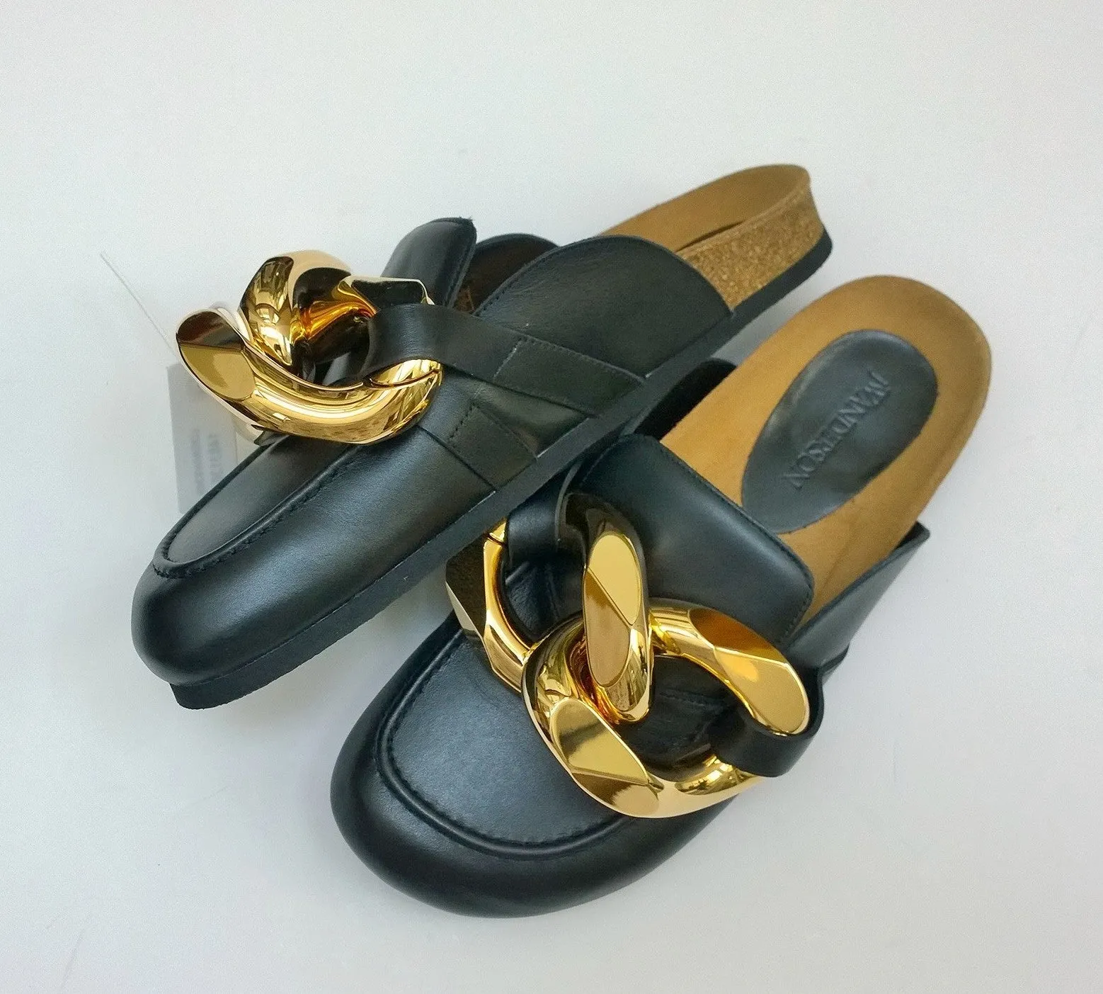 JW Anderson Oversized Chain Slides Black Leather Flats Shoes