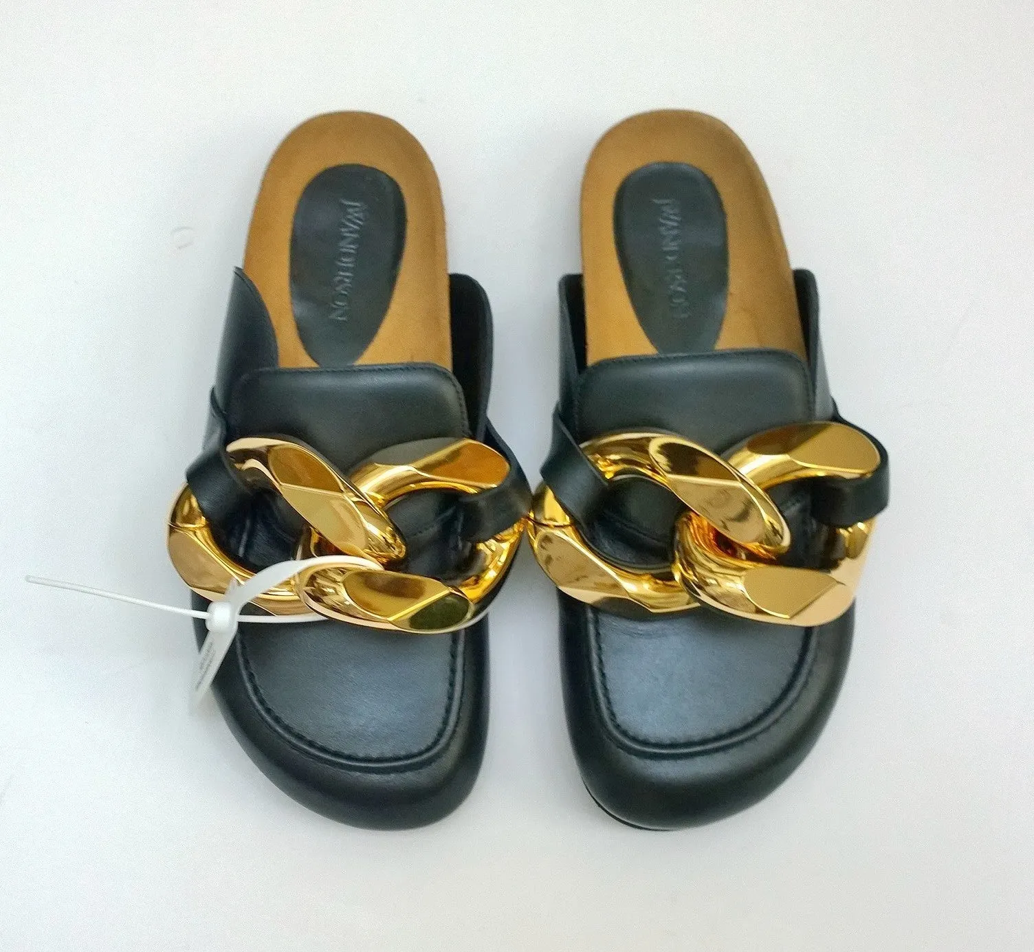 JW Anderson Oversized Chain Slides Black Leather Flats Shoes