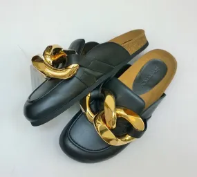 JW Anderson Oversized Chain Slides Black Leather Flats Shoes