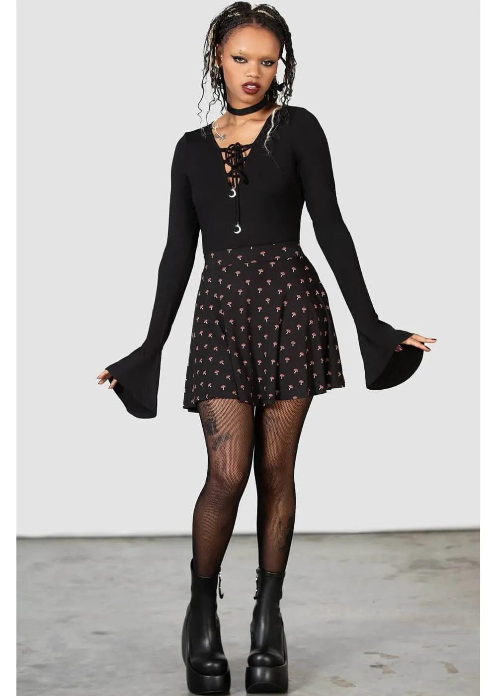 Killstar Mycelia Mushroom Skater Skirt Black