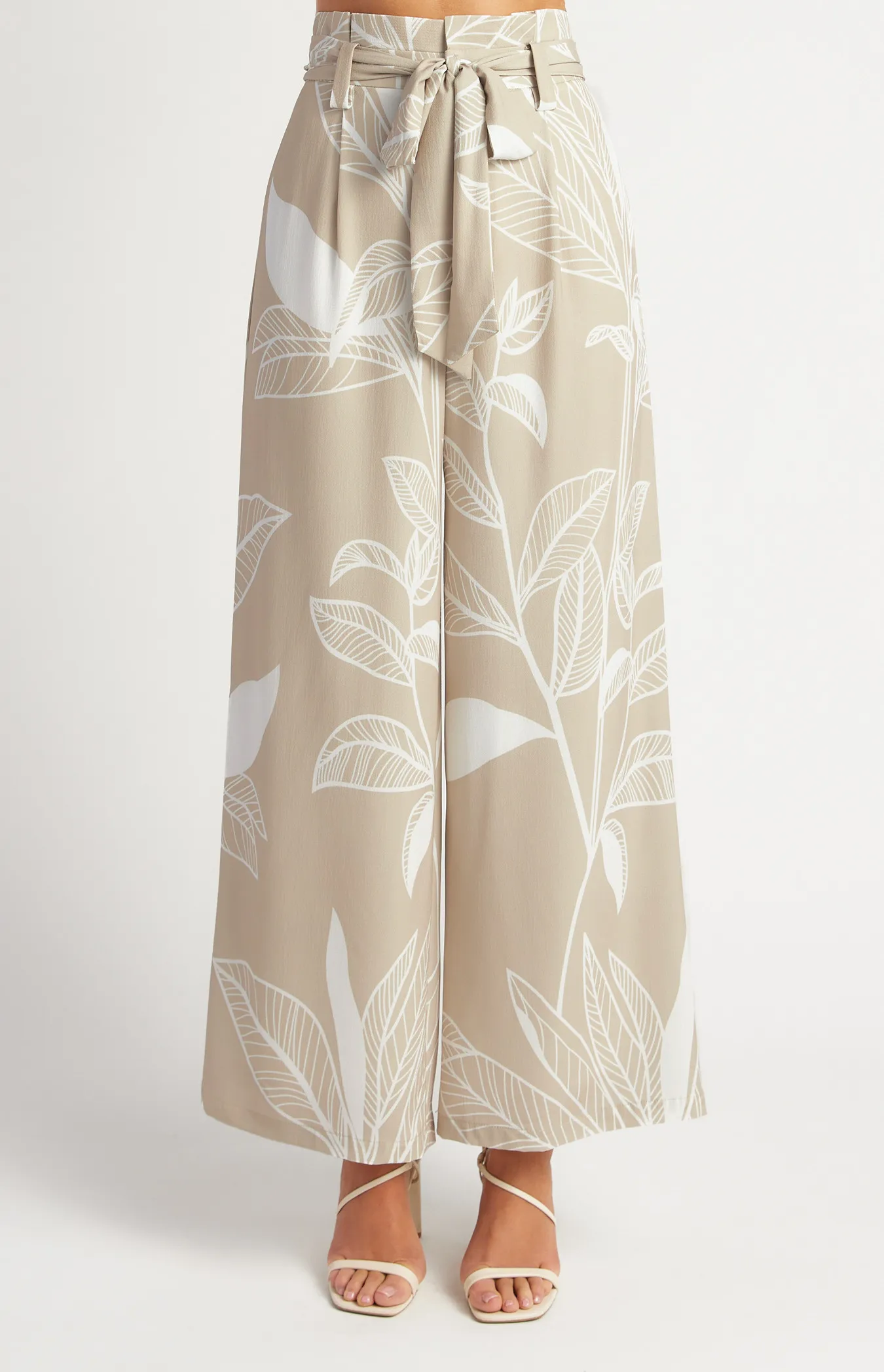 Leaf Print Paper Bag Waist Wide Leg Pants (SPA484B)