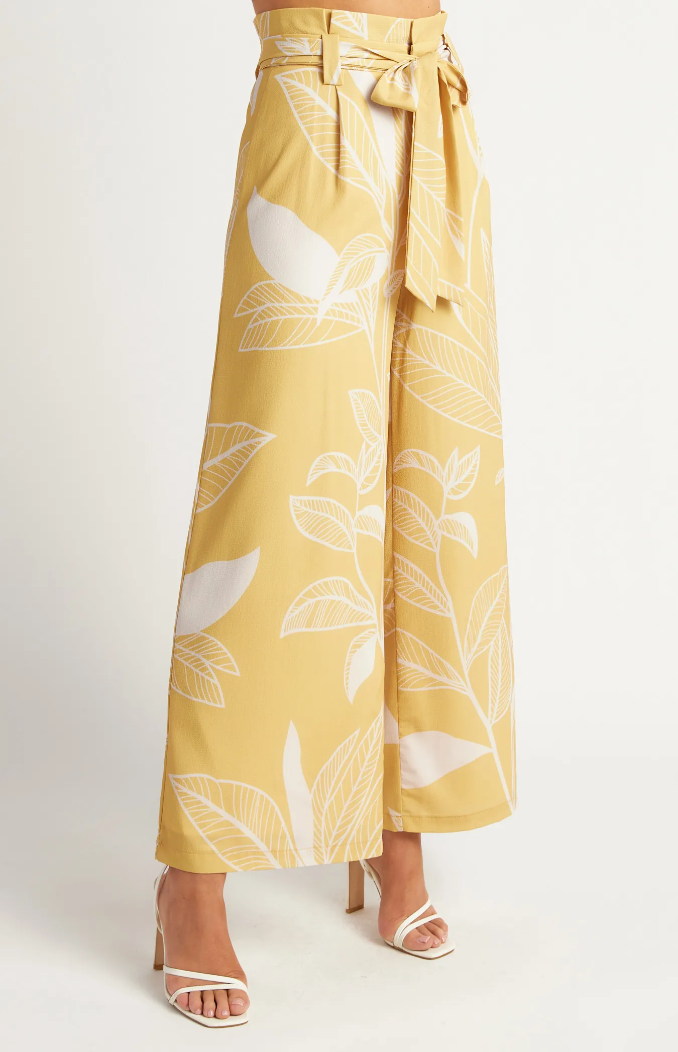 Leaf Print Paper Bag Waist Wide Leg Pants (SPA484B)