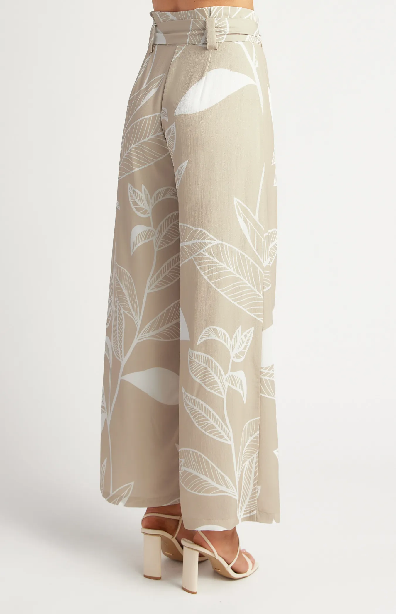 Leaf Print Paper Bag Waist Wide Leg Pants (SPA484B)