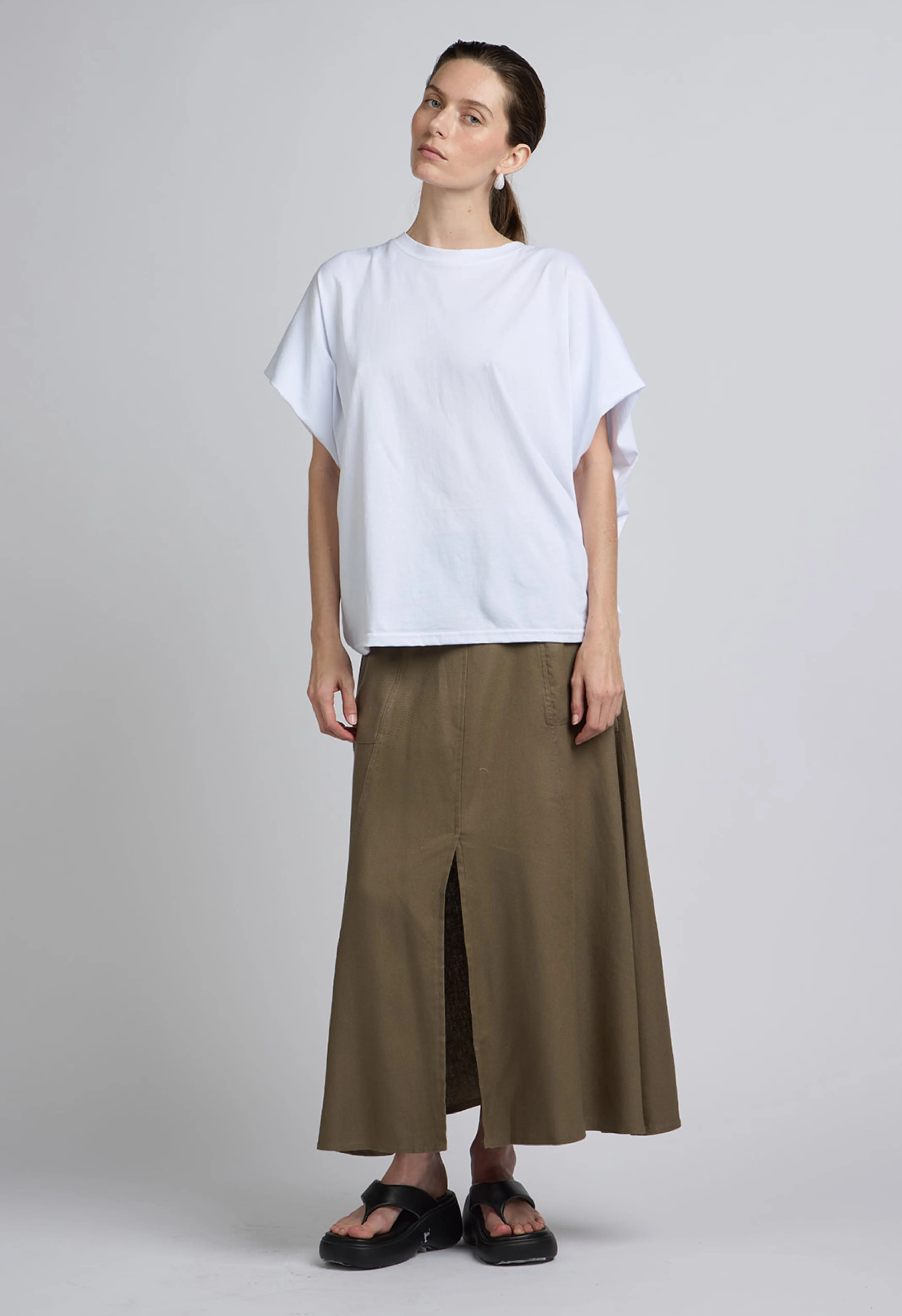 Linen Blend Midi Skirt In Brown