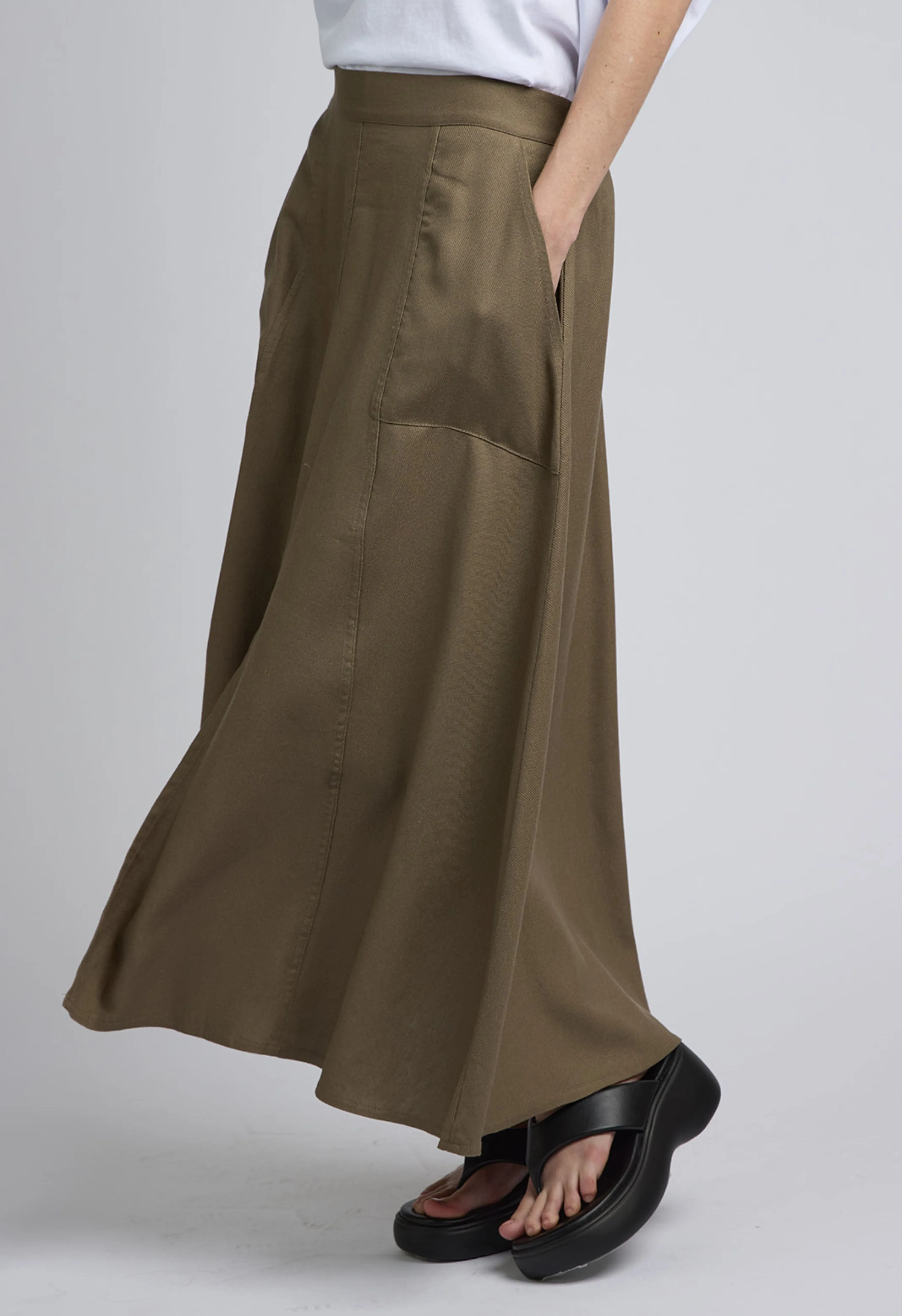 Linen Blend Midi Skirt In Brown