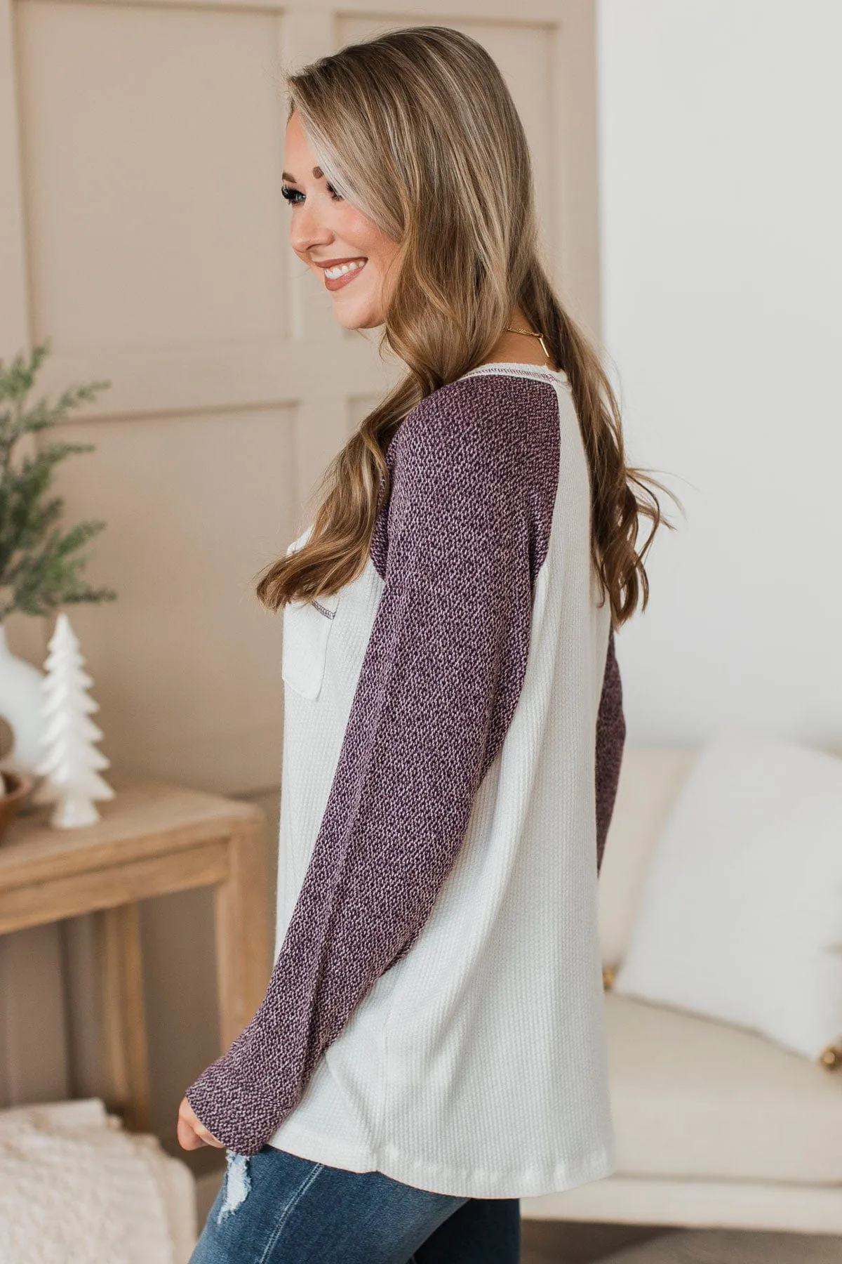 Lost In Thoughts Knit Top- Ivory & Purple