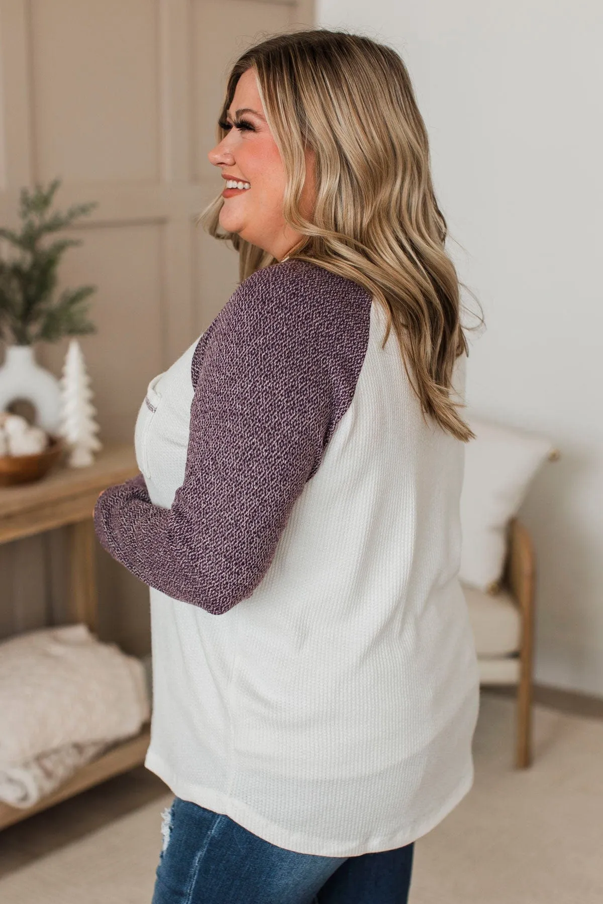 Lost In Thoughts Knit Top- Ivory & Purple