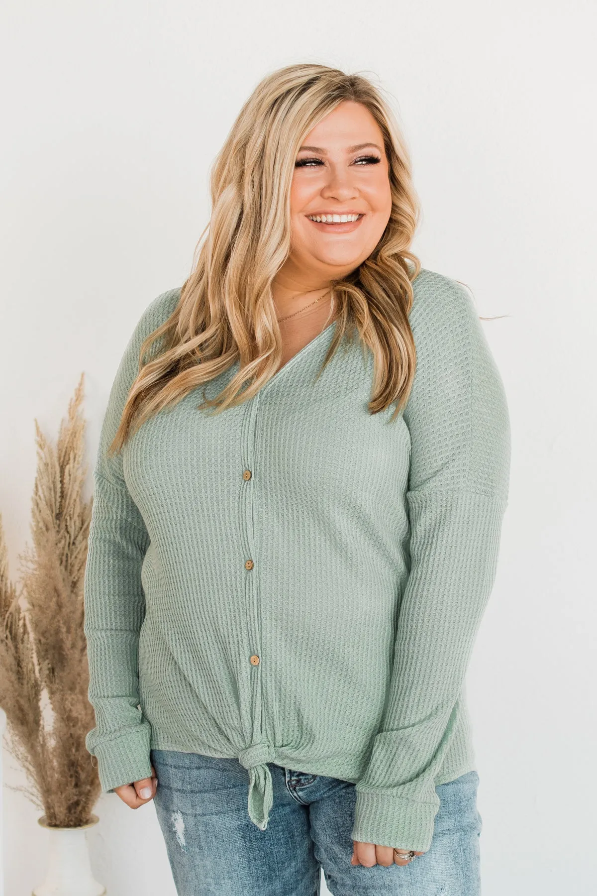 Loving You Thermal Button Knot Top- Light Sage