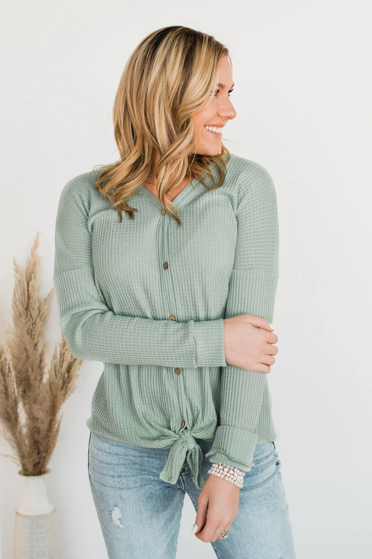 Loving You Thermal Button Knot Top- Light Sage