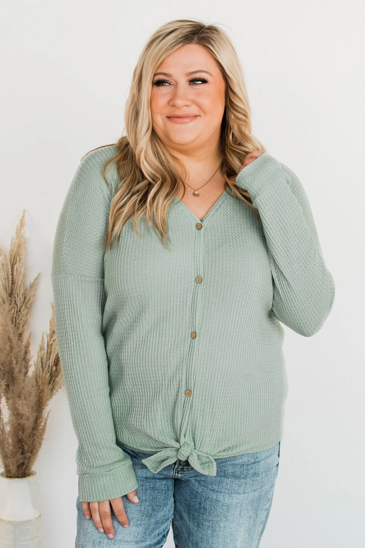 Loving You Thermal Button Knot Top- Light Sage