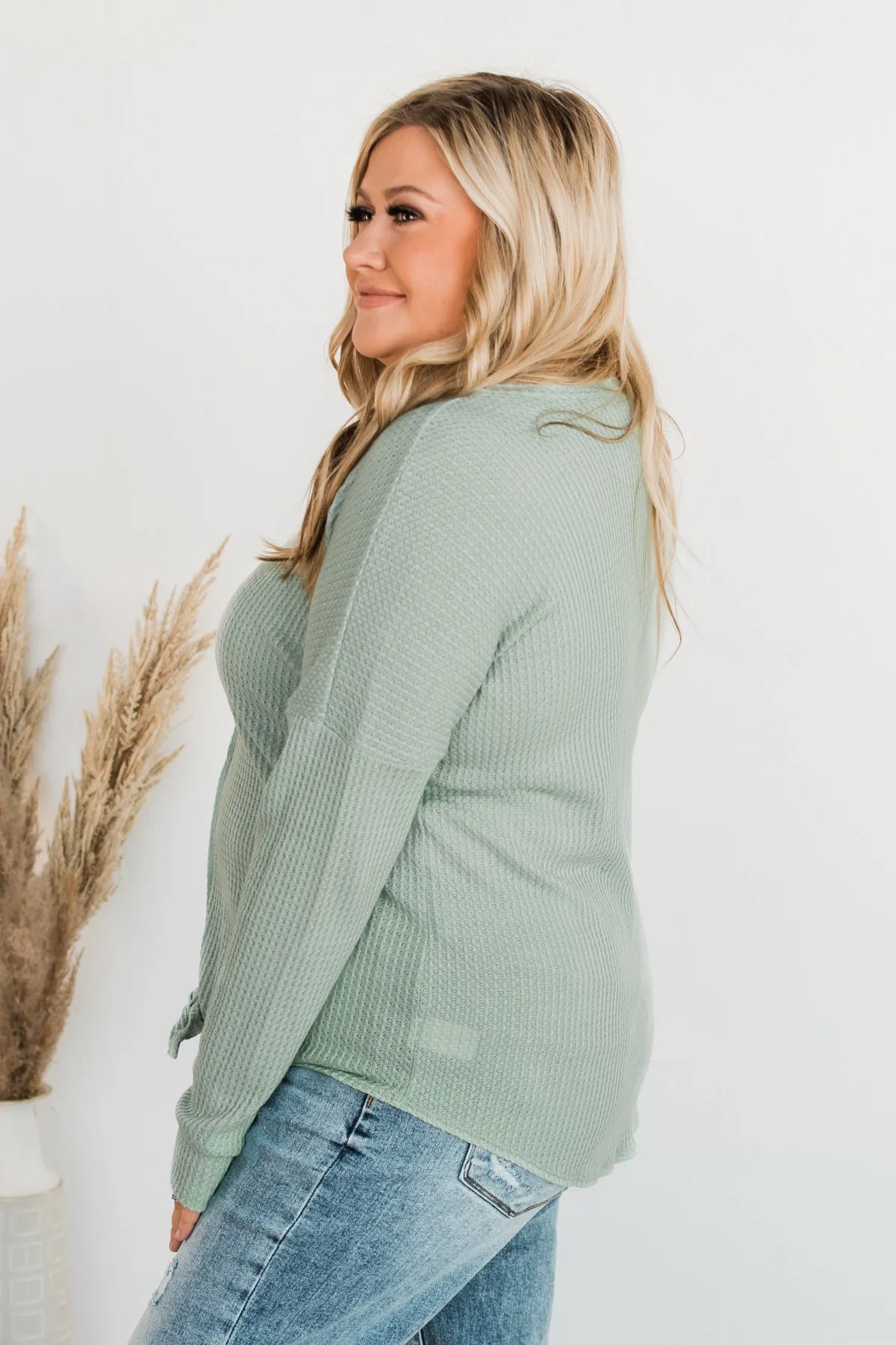 Loving You Thermal Button Knot Top- Light Sage