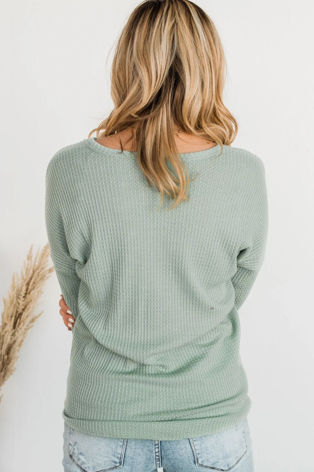 Loving You Thermal Button Knot Top- Light Sage