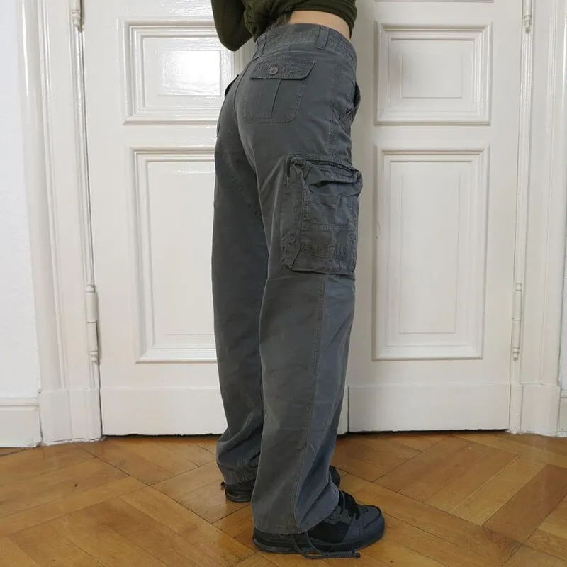 Low Waist Retro Cargo Pants Fashion Women Streetwear Gray Loose Fit Pockets Straight Trousers Harajuku Y2K Sweatpants