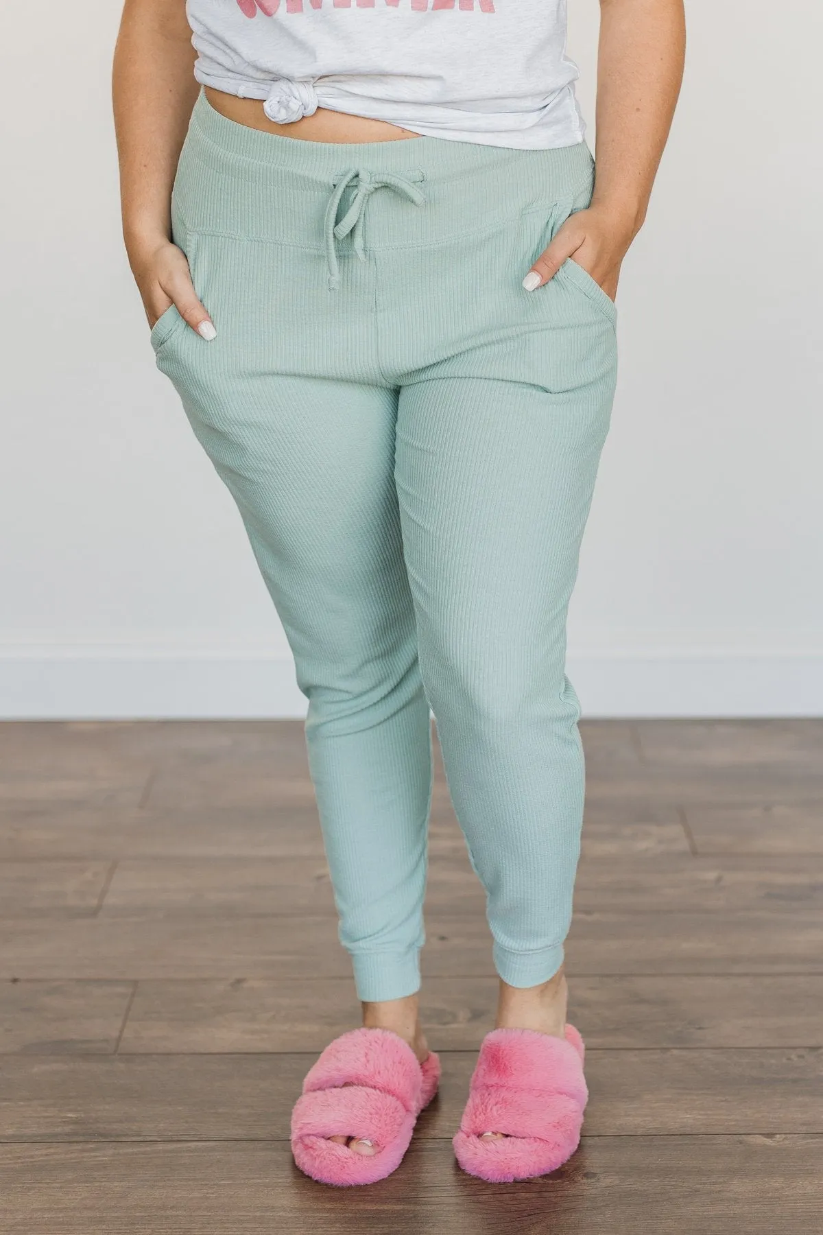 Meant For Each Other Ribbed Knit Joggers- Dusty Sage