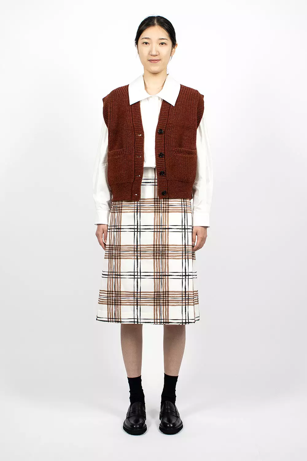 Painted Check Wrap Skirt Off-white/Black/Tan