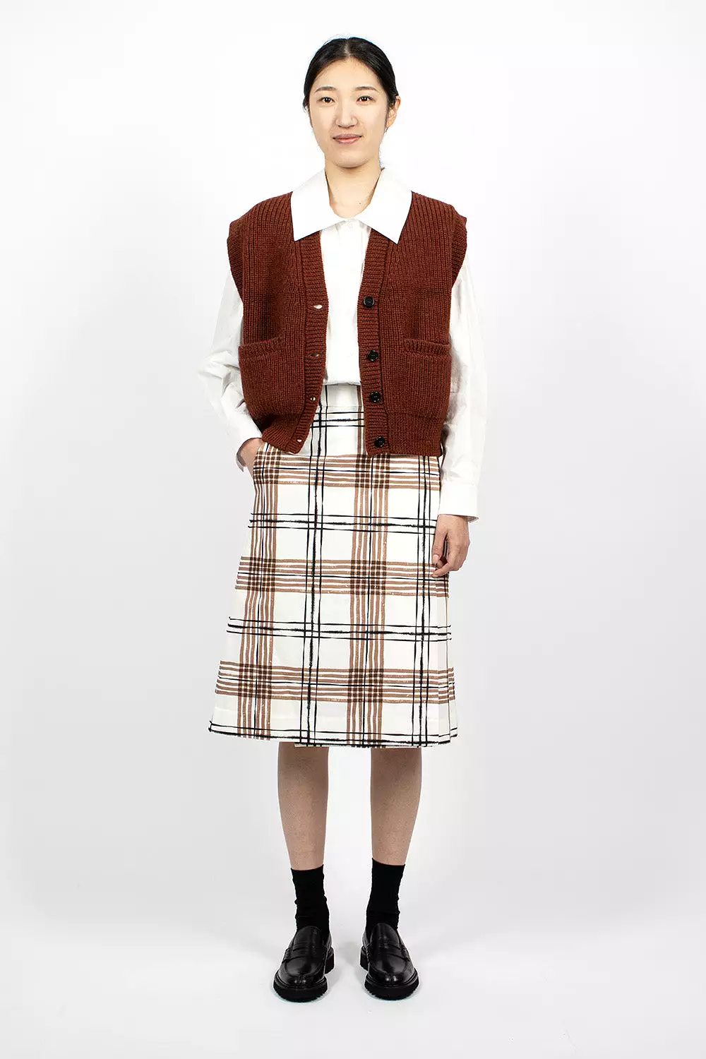 Painted Check Wrap Skirt Off-white/Black/Tan