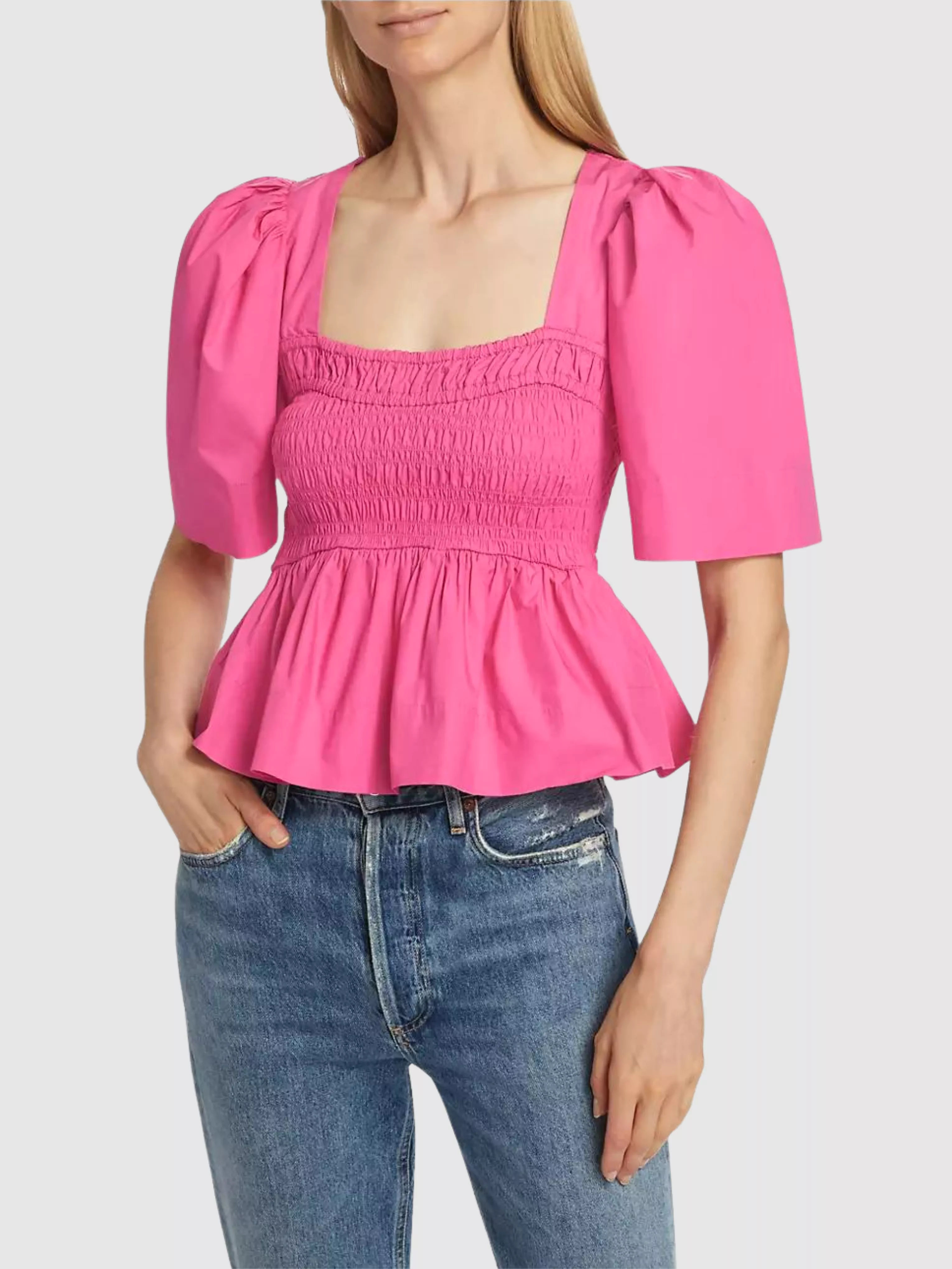 Pink Cotton Poplin Open-Neck Smock Blouse