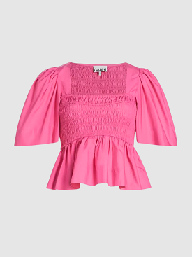 Pink Cotton Poplin Open-Neck Smock Blouse