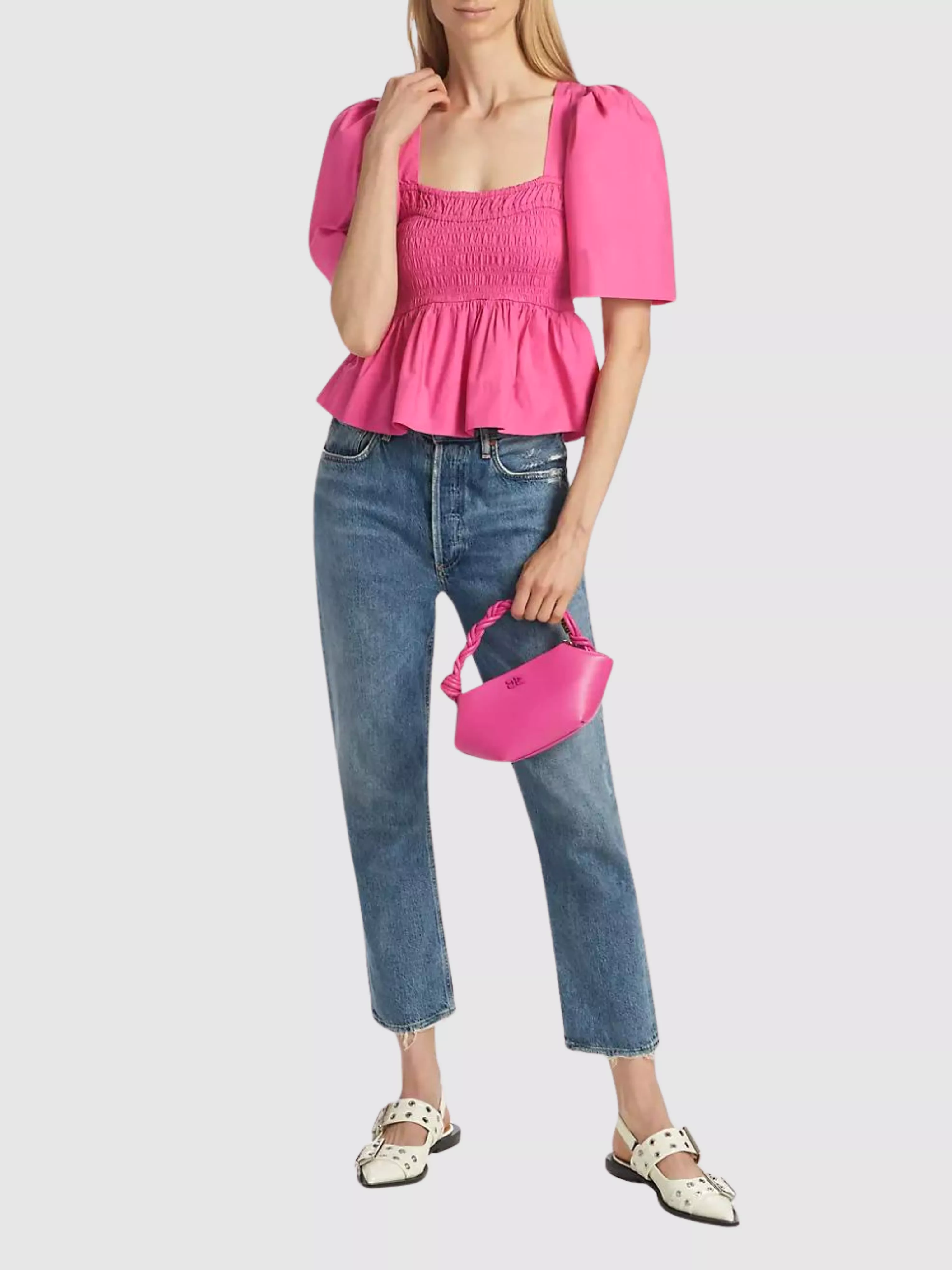 Pink Cotton Poplin Open-Neck Smock Blouse