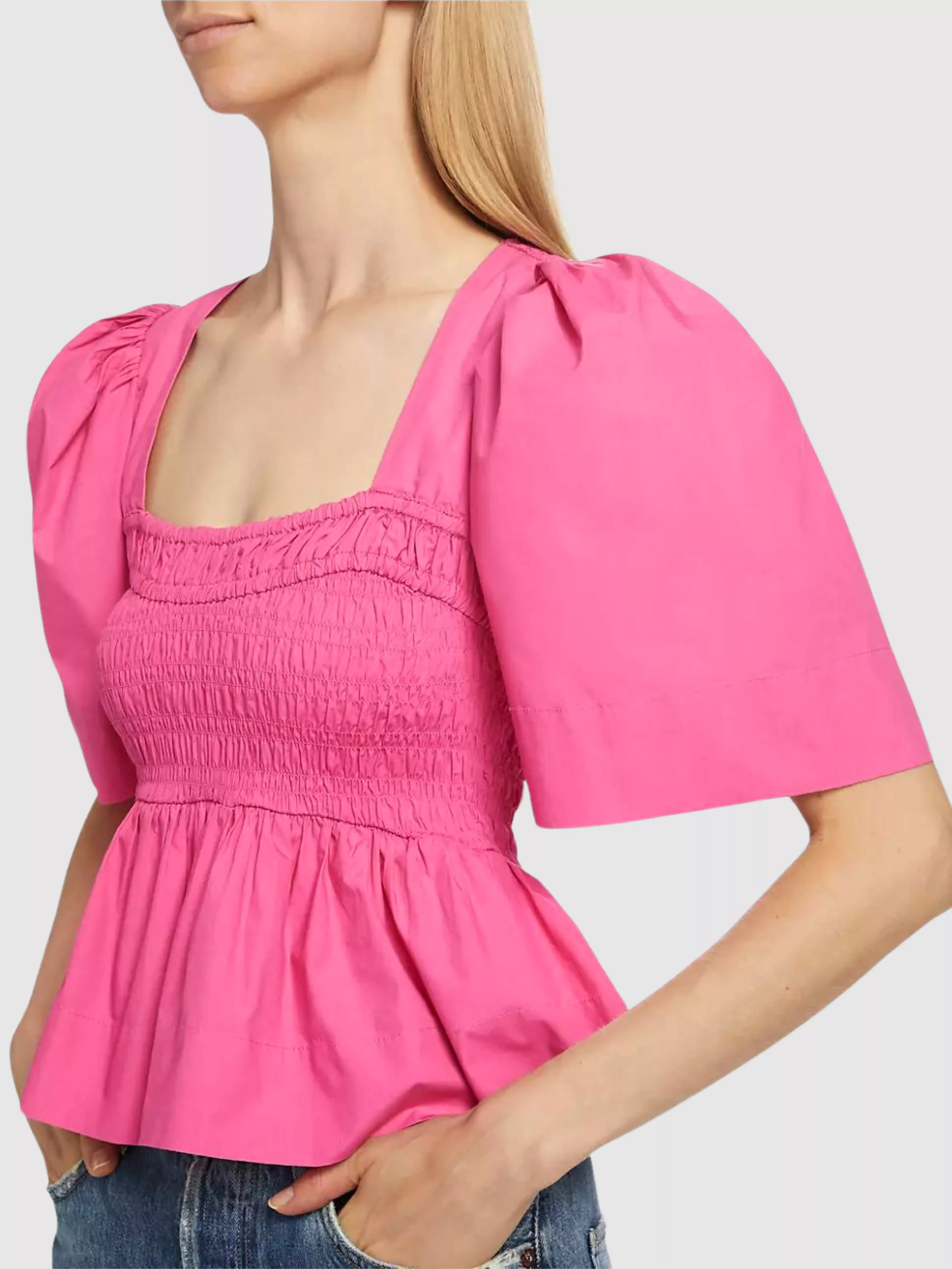 Pink Cotton Poplin Open-Neck Smock Blouse