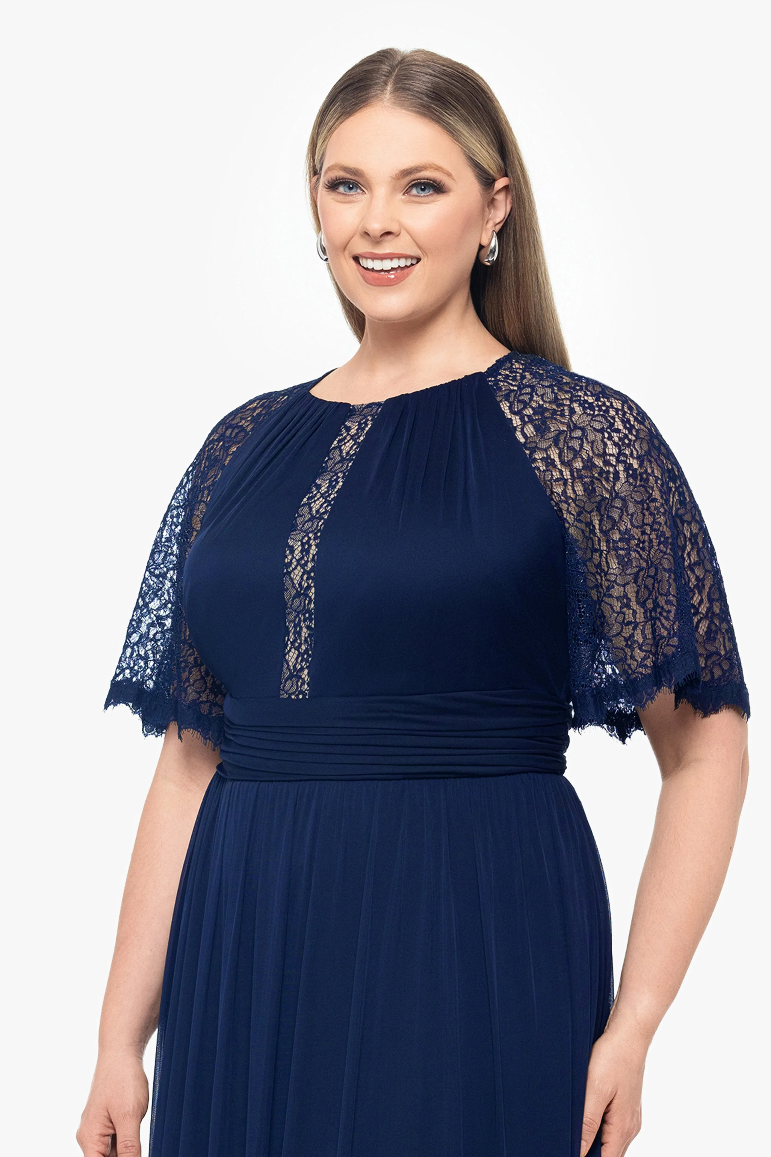 Plus Chrissy Long Sheer Matte Jersey and Lace Sleeve Dress