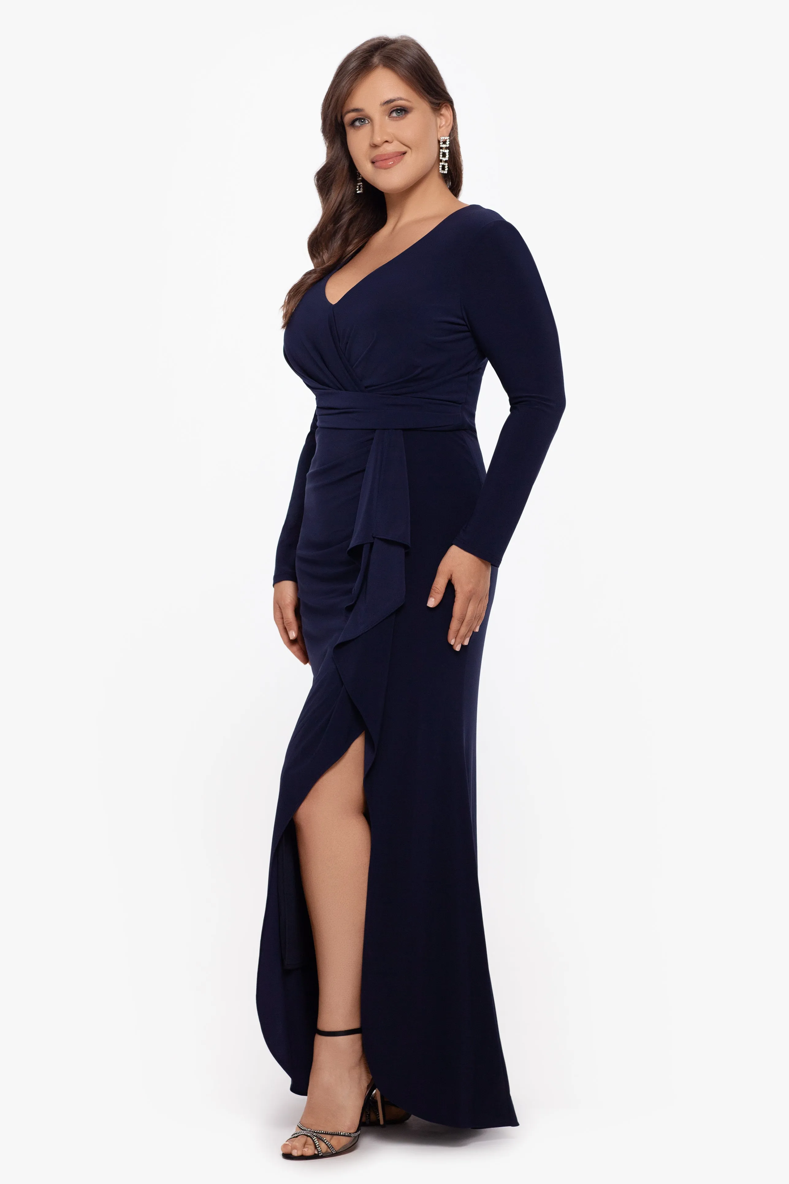 Plus Elle Long Sleeve Side Ruffled Slit Gown