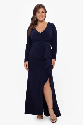 Plus Elle Long Sleeve Side Ruffled Slit Gown