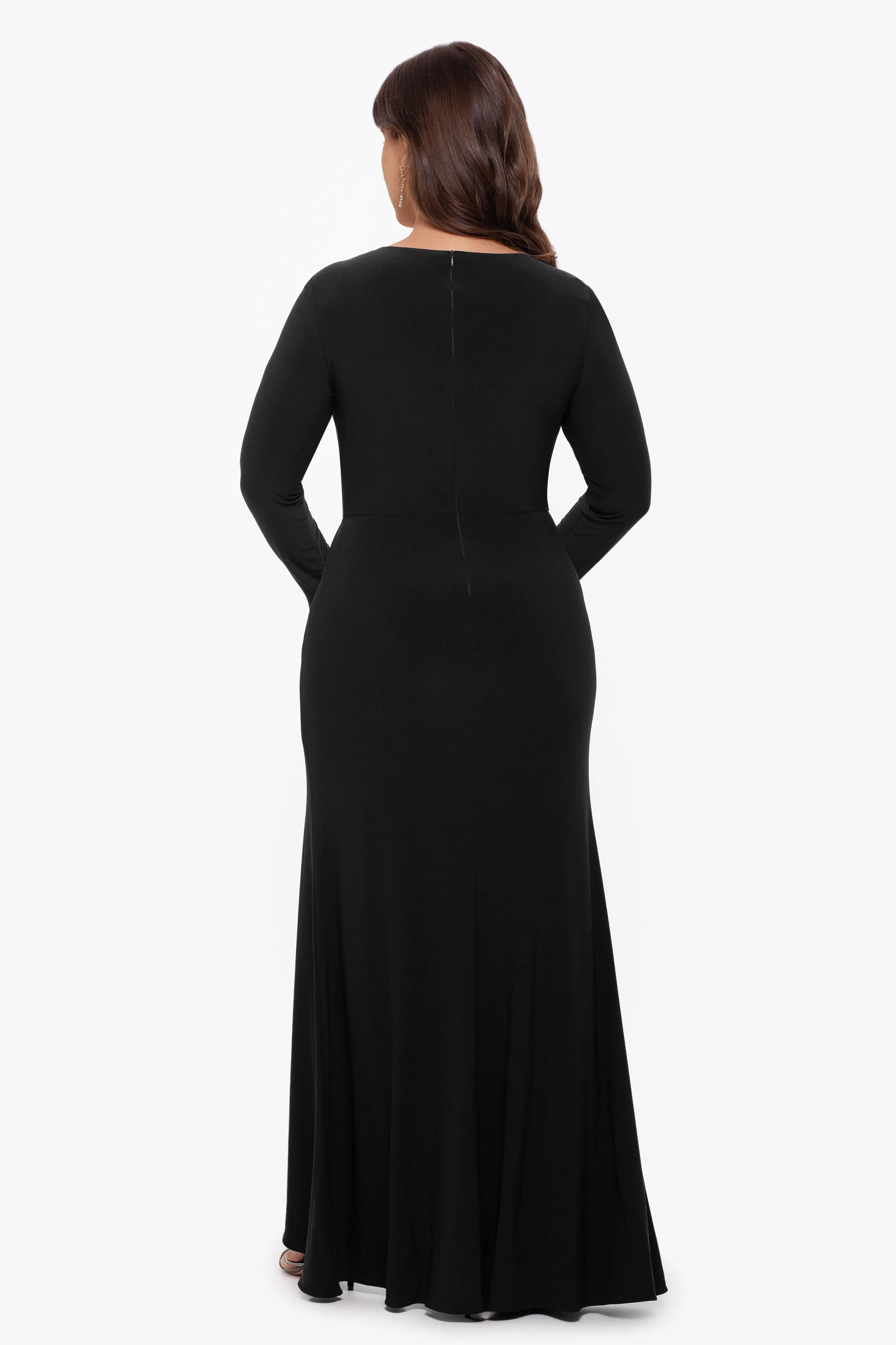 Plus Elle Long Sleeve Side Ruffled Slit Gown