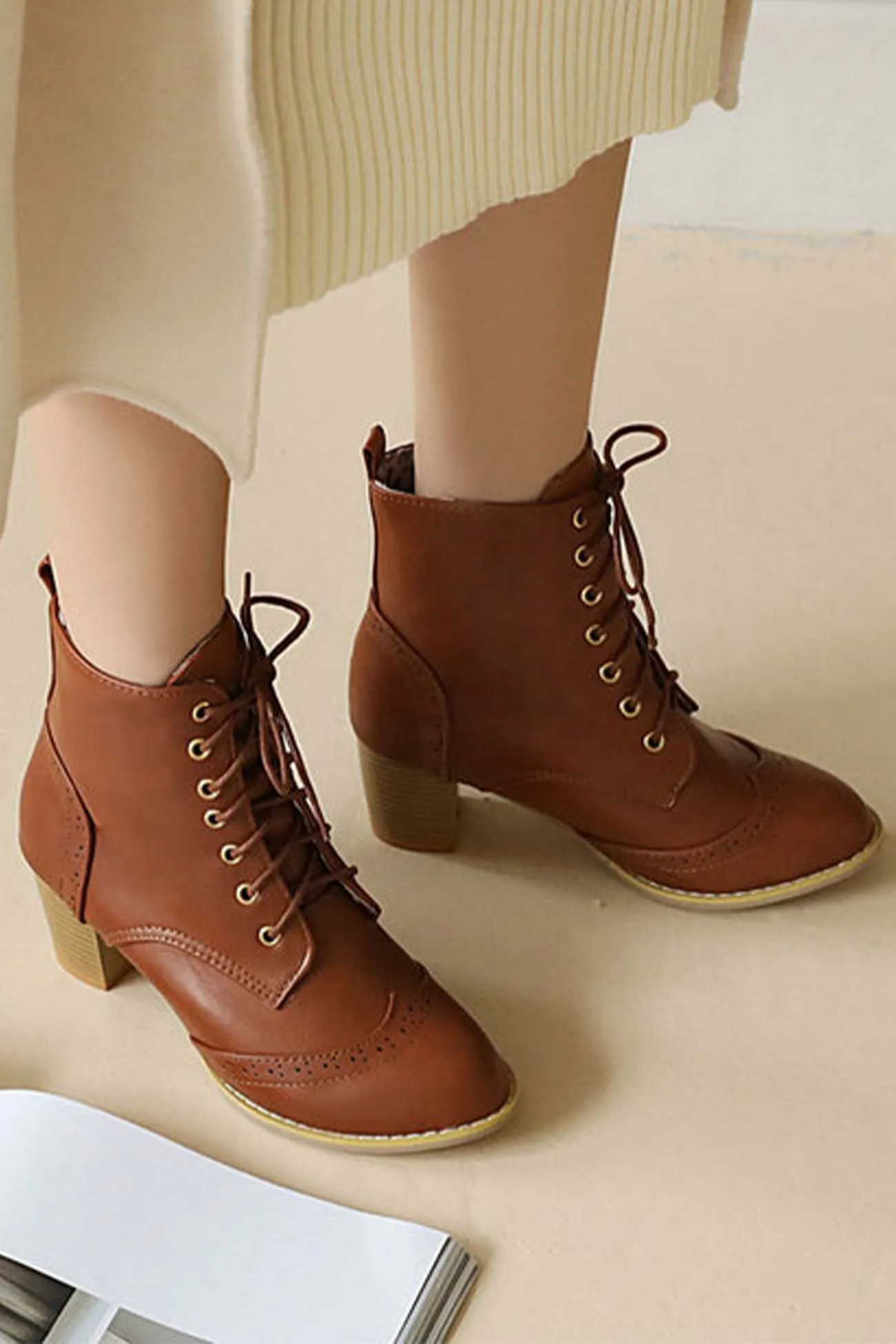 Pointed Toe Lace Up Cutout Ankle Boots